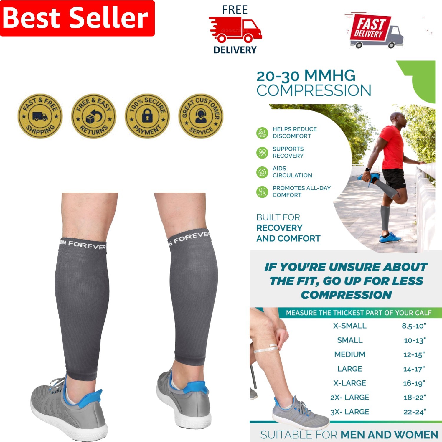 Men & Women Calf Compression Sleeves – Graphite Grey, X-Large, Pain Relief