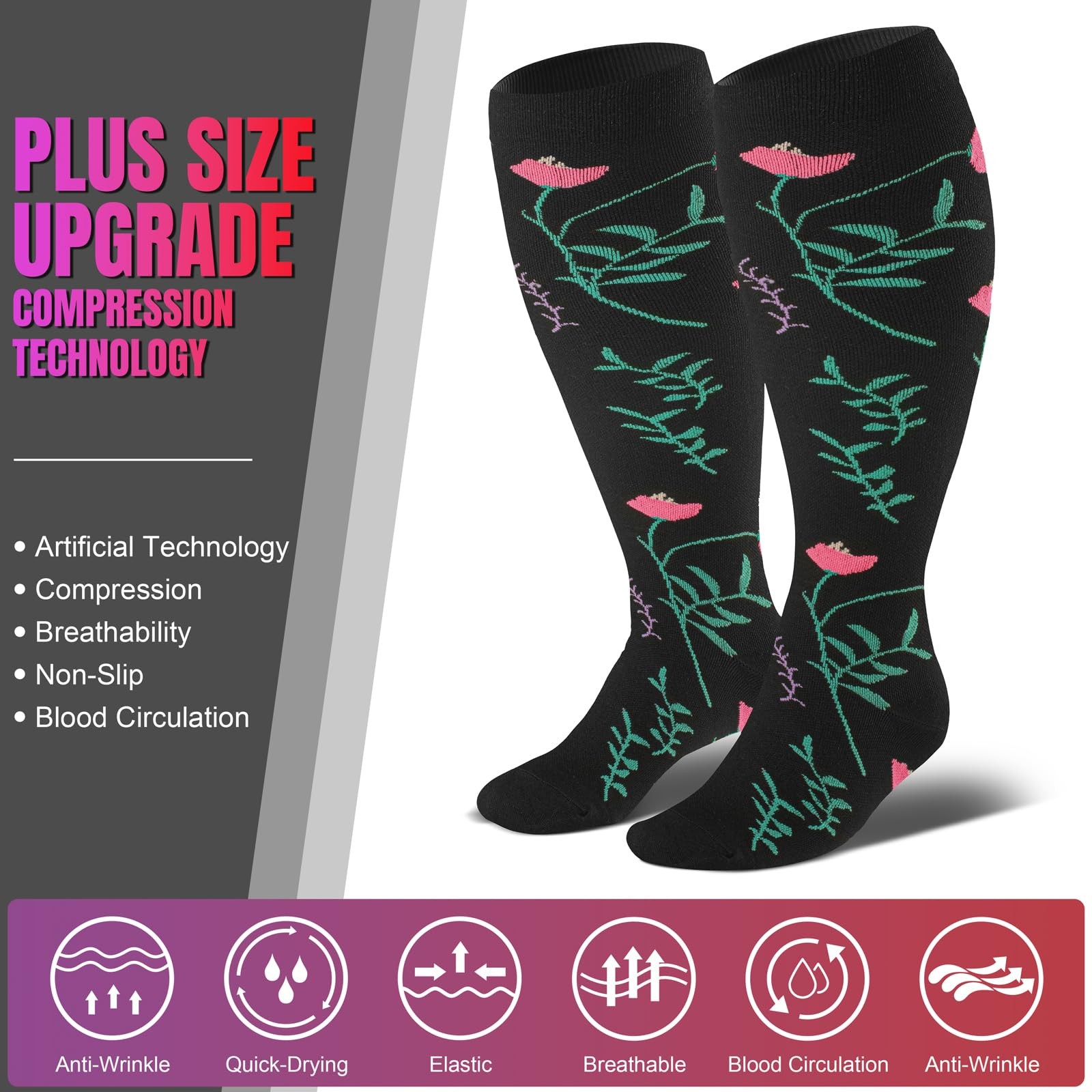 4 Pairs Plus Size Compression Socks Extra Wide Calf Women&Men 20-30mmHg Suppo…