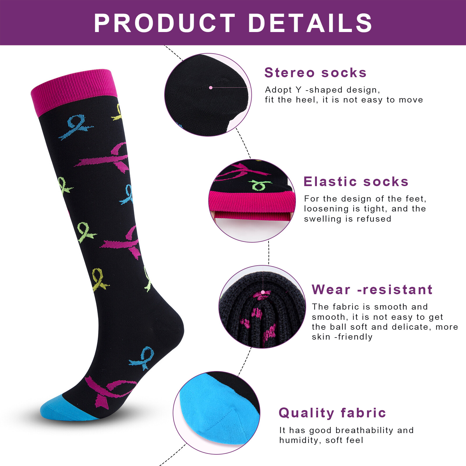 5 Pairs Compression Socks Graduated Support Calf Stockings Womens 20-30 mmHg S/M