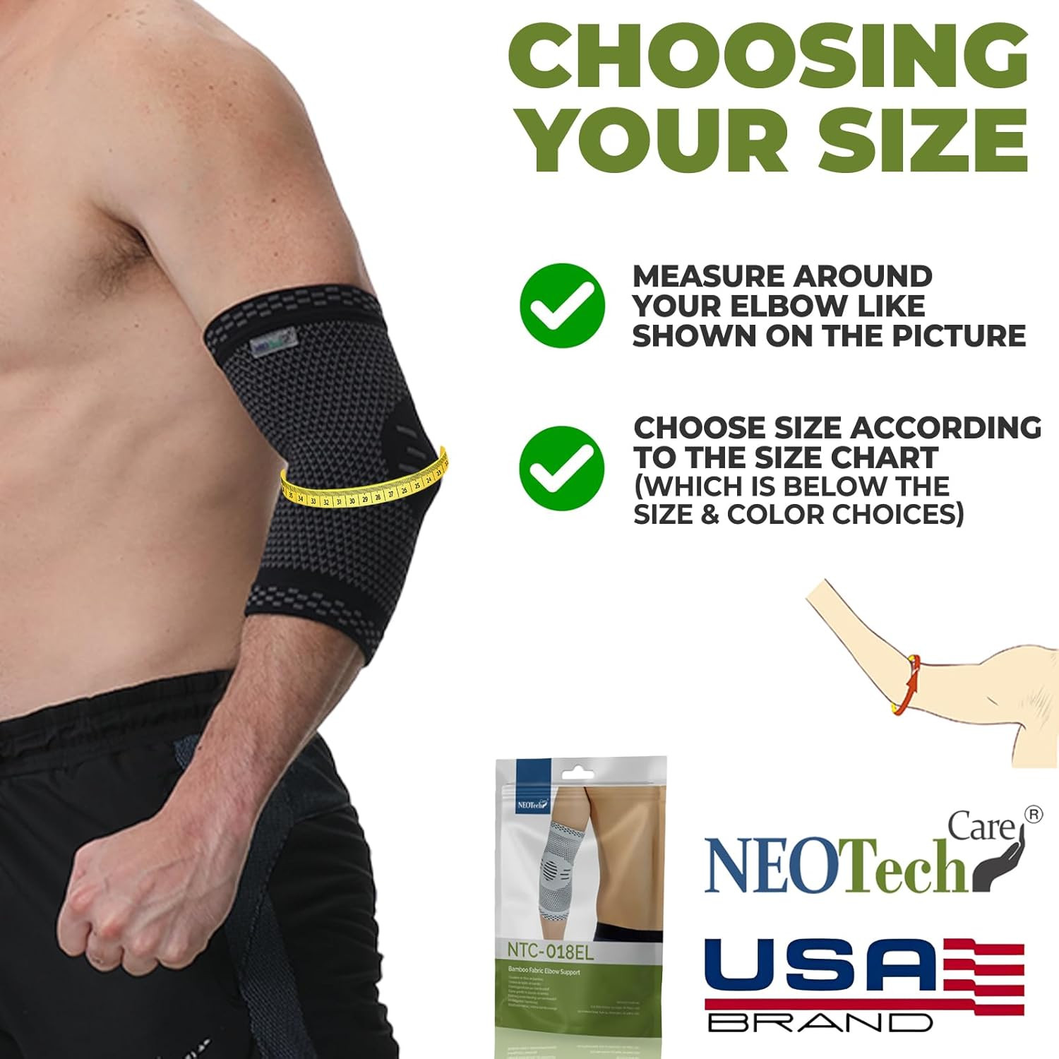 Elbow Support Brace – Breathable – Men, Women, Right or Left (Black Color, Size