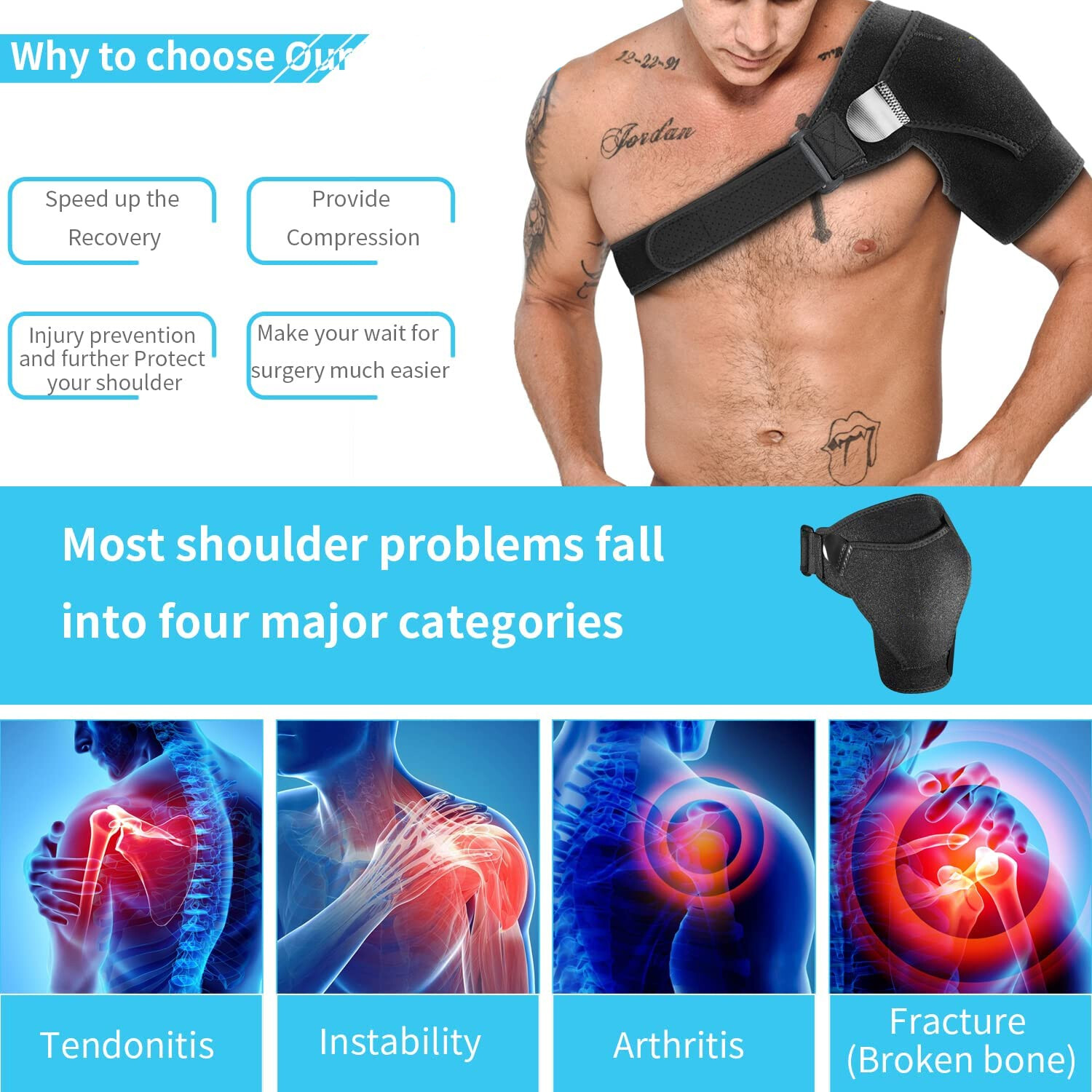 Shoulder Brace Support Compression Sleeve Adjustable Rotator Cuff Pain Relief