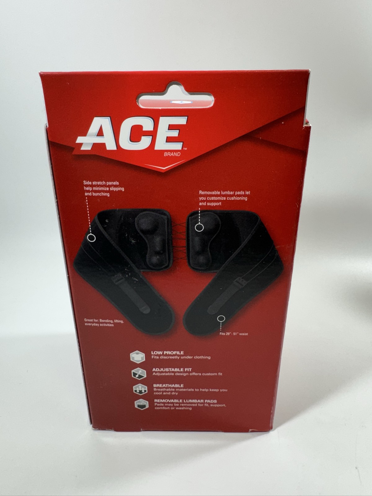 ACE 207500 Adjustable Back Brace Support Quick-Lace Lumbar Pad One Size New
