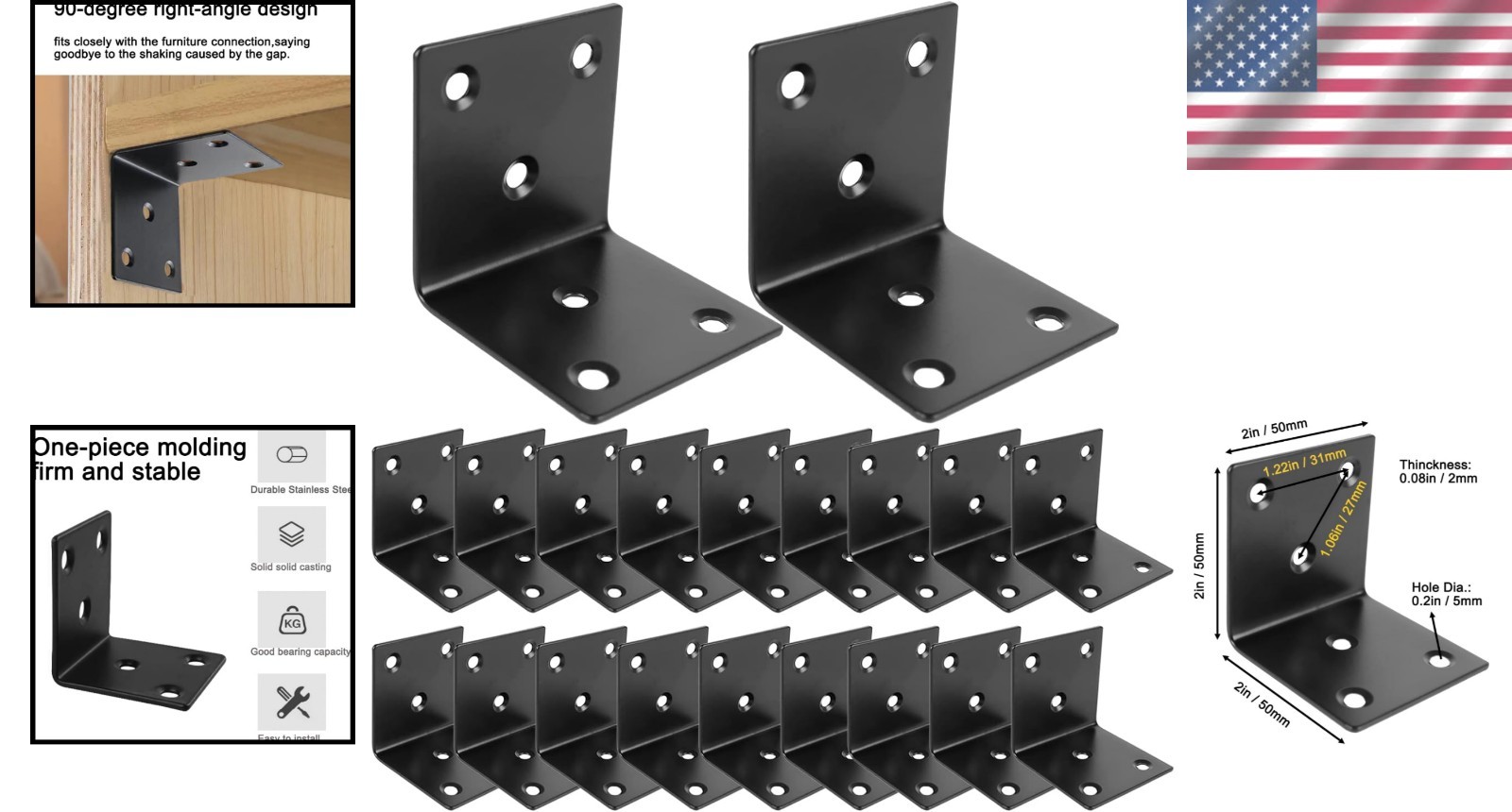 20 Large 2×2 Inch Corner Braces – Black Coated Stainless Steel for DIY Projects