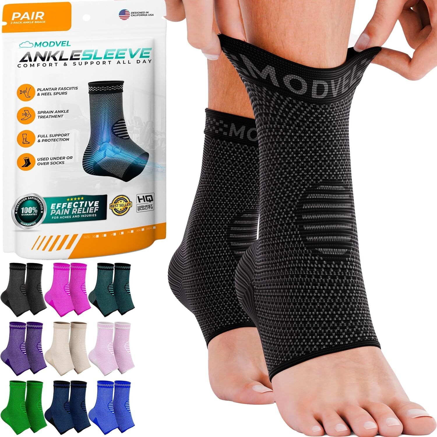 Modvel Foot & Ankle Brace Socks for Sprained Medium, A Black