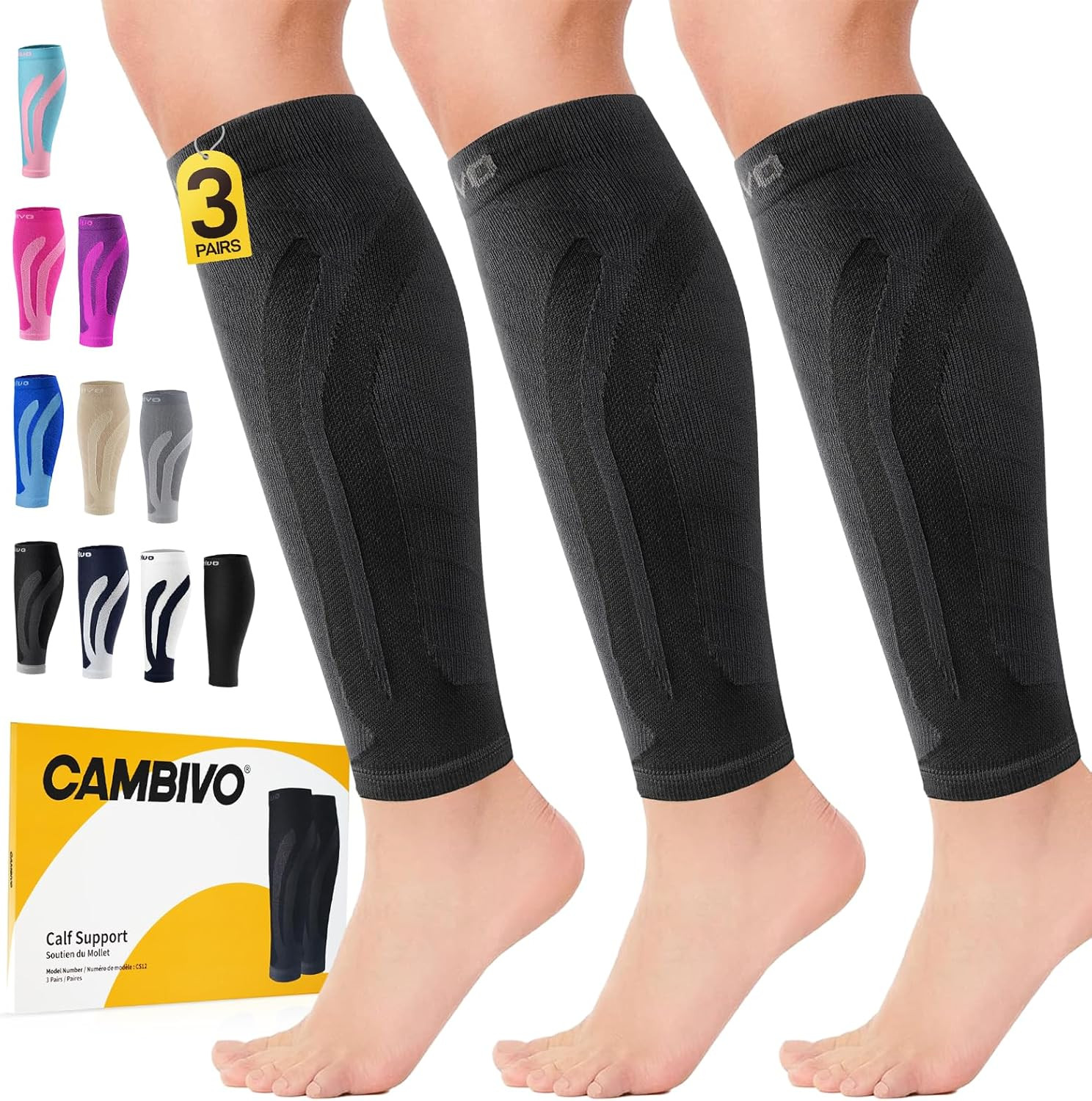 3-Pair Calf Compression Sleeves for Men & Women – Footless Socks for Shin Splint