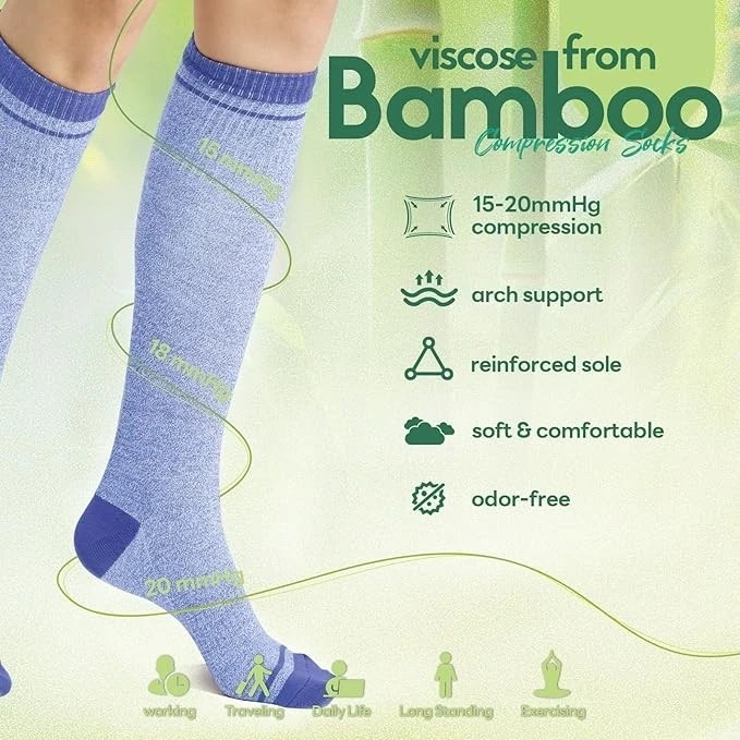 Compression Socks 3 Pairs 15-20 mmHg Bamboo Viscose Knee High Unisex S/M