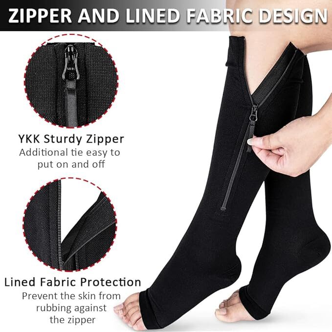 1/2/3 Pairs Compression Socks Open Toe 20-30mmHg With Zipper Leg Safe Protection