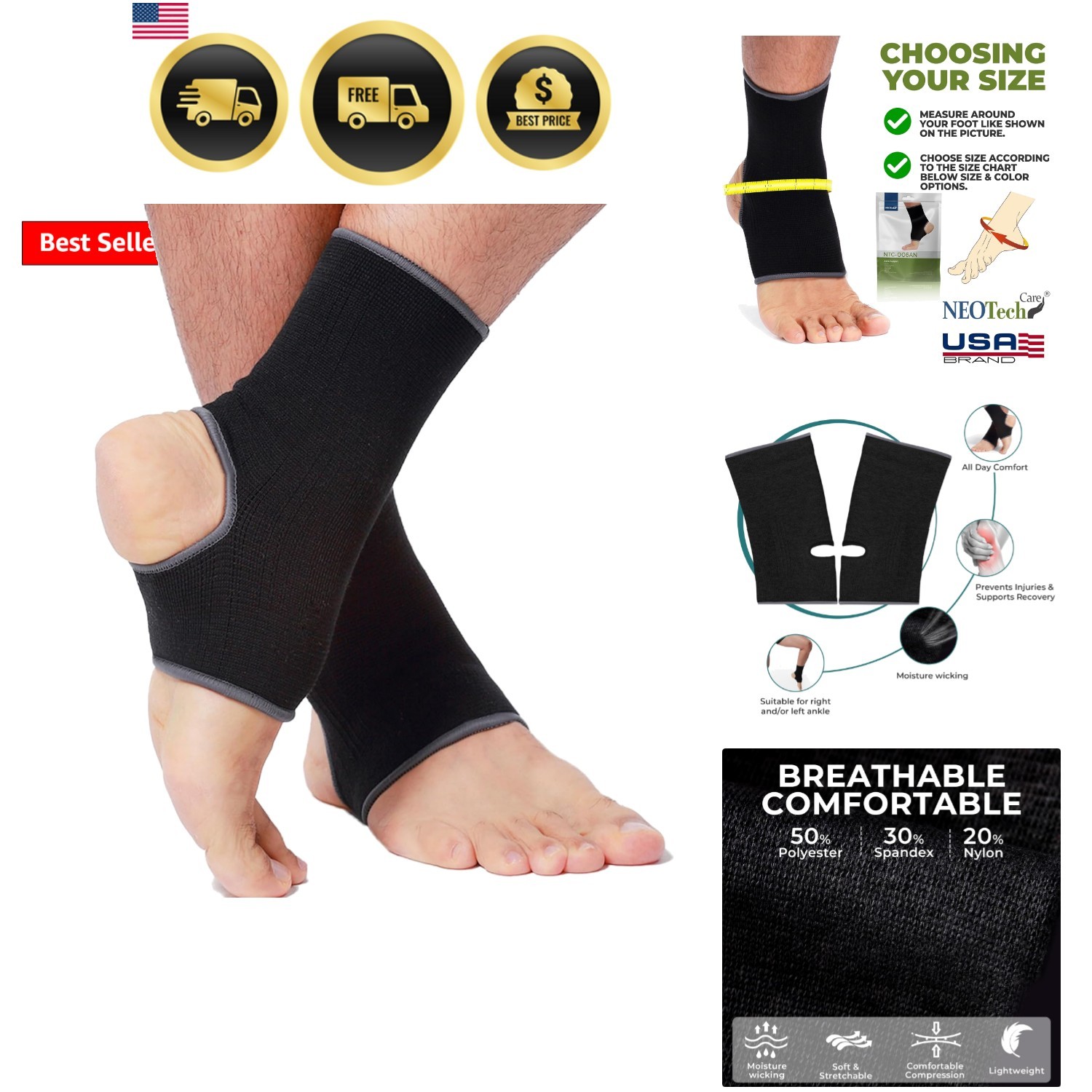 Ankle Support Sleeve – Open Heel, Light, Elastic & Breathable Knitted Fabric …