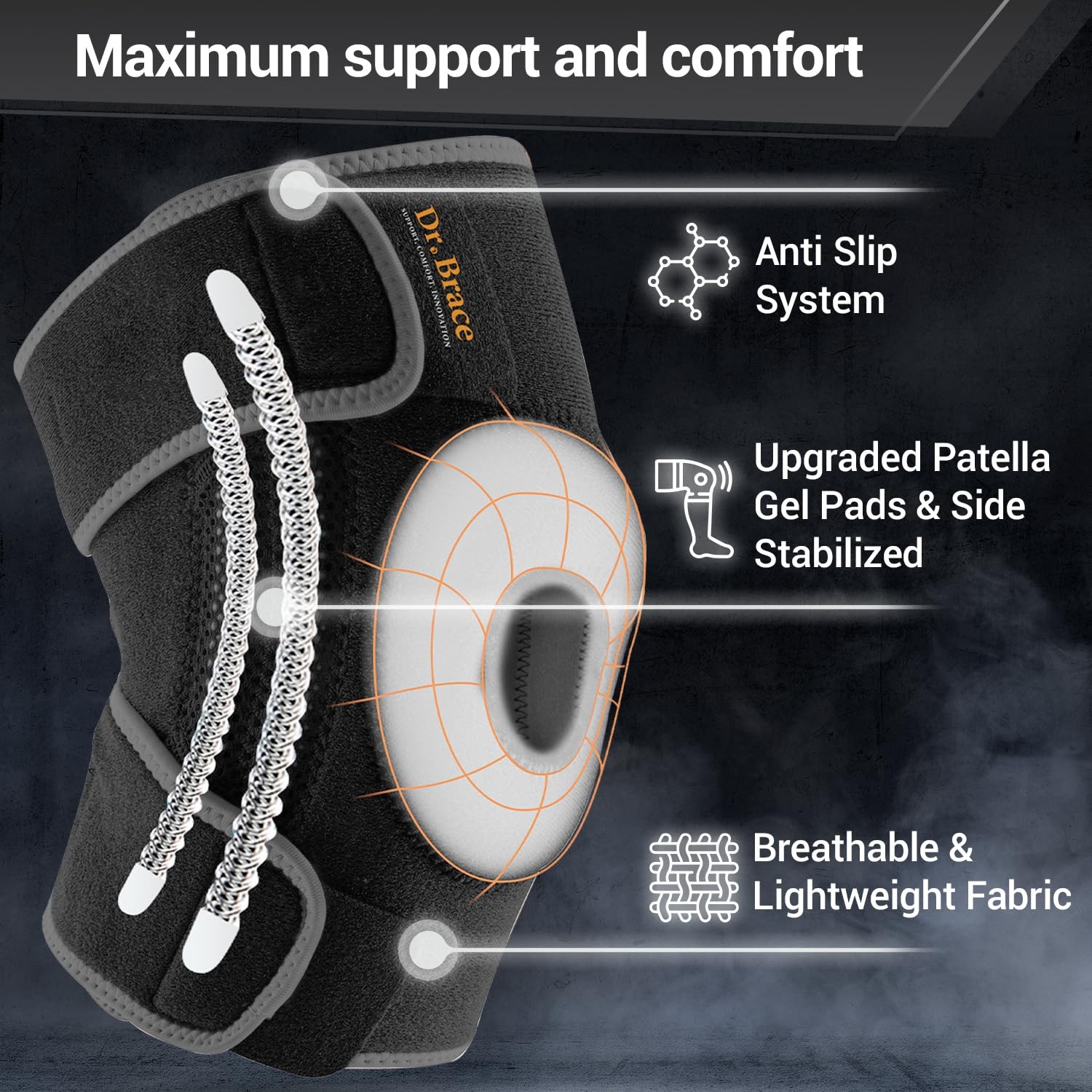 DR. BRACE ELITE Knee Brace Side Stabilizers Patella Gel Pads XX-Large Mercury