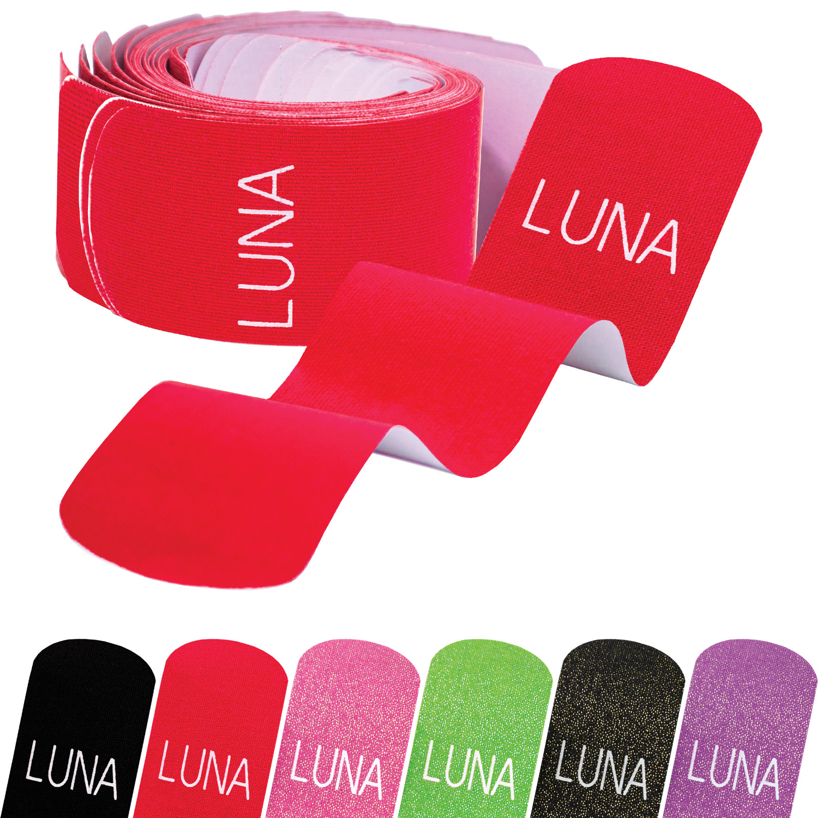 Luna Body Kinesiology Pro Tape Strips (20 Pre-cut Roll, 10″ x 2″, Rockin’ Red)