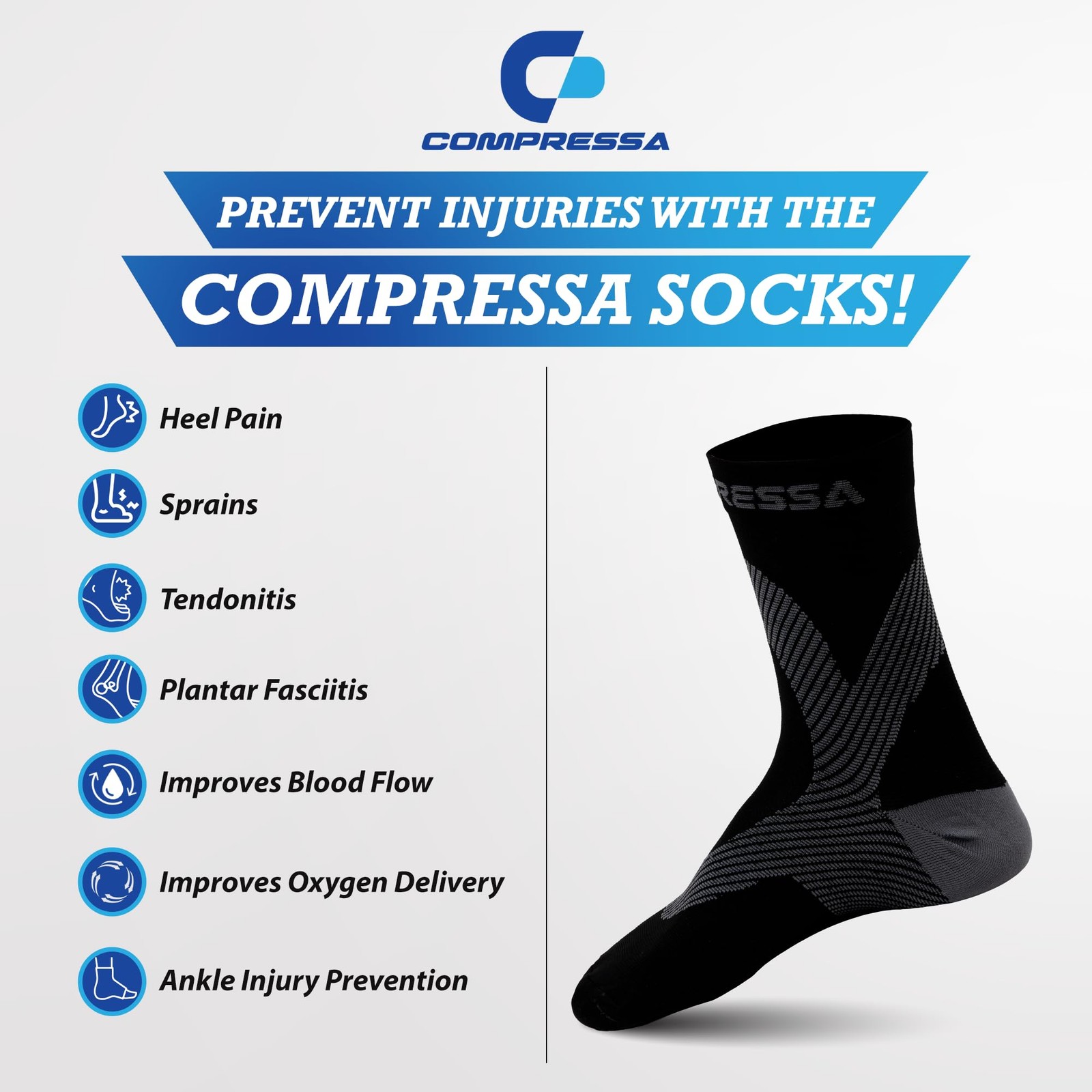 Compressa Compression Socks for Women & Men – Ankle Closed Toe, Black/Grey
