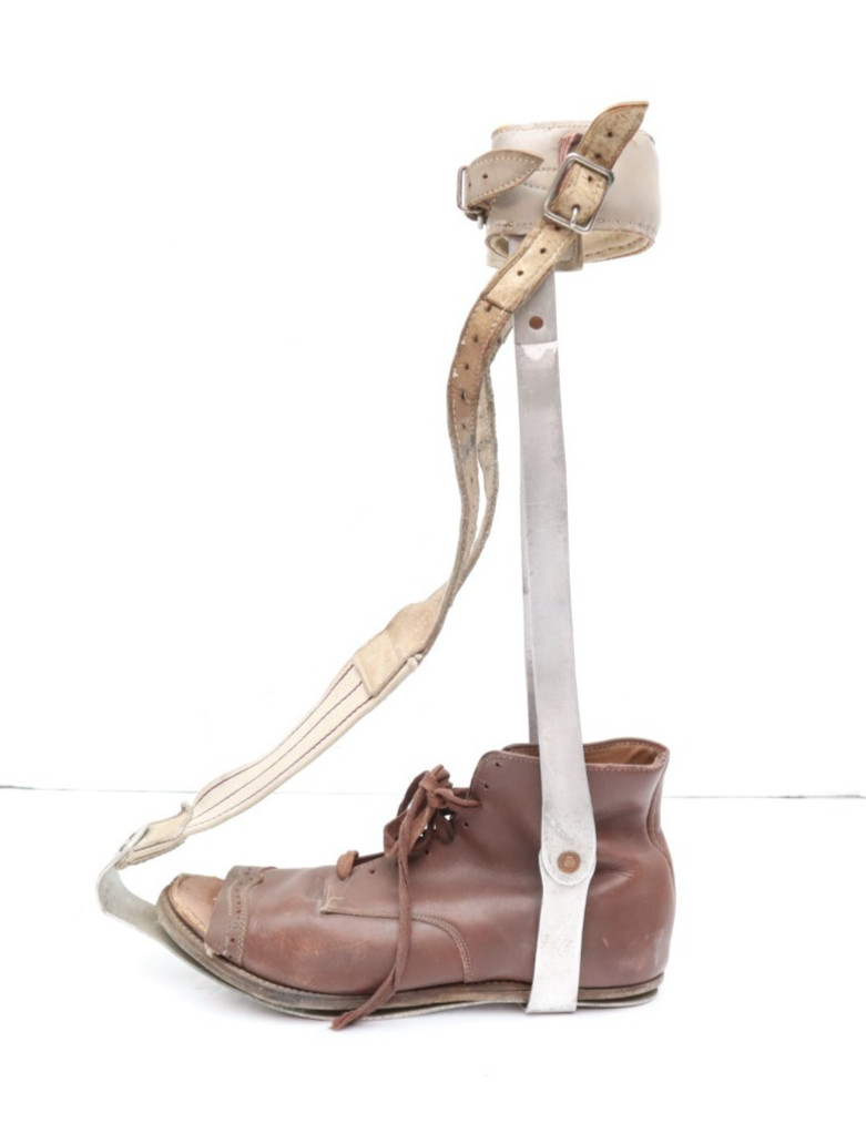 Antique Leg Ankle Brace Polio Stainless Steel & Leather Left Leg Mens Shoe 10.5″