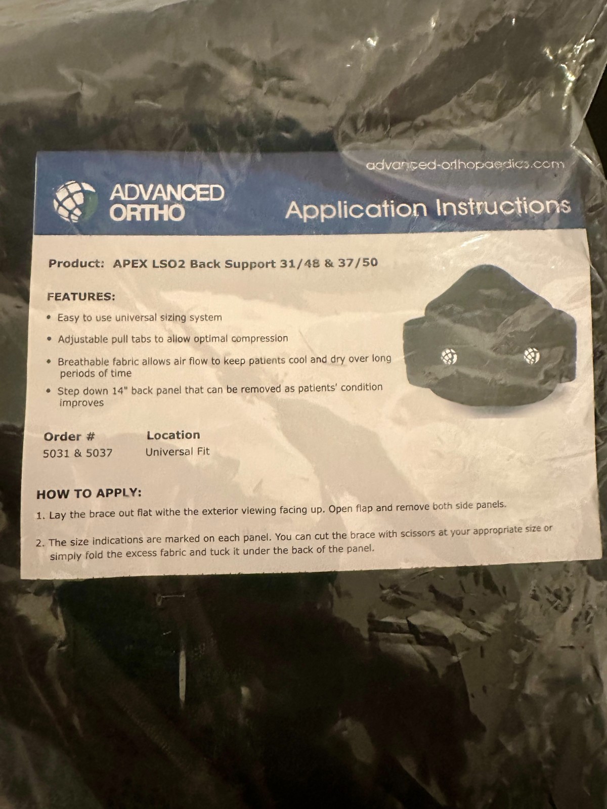 Advanced Ortho Apex LSO Adjustable Back Brace Support 5031 Universal Fit