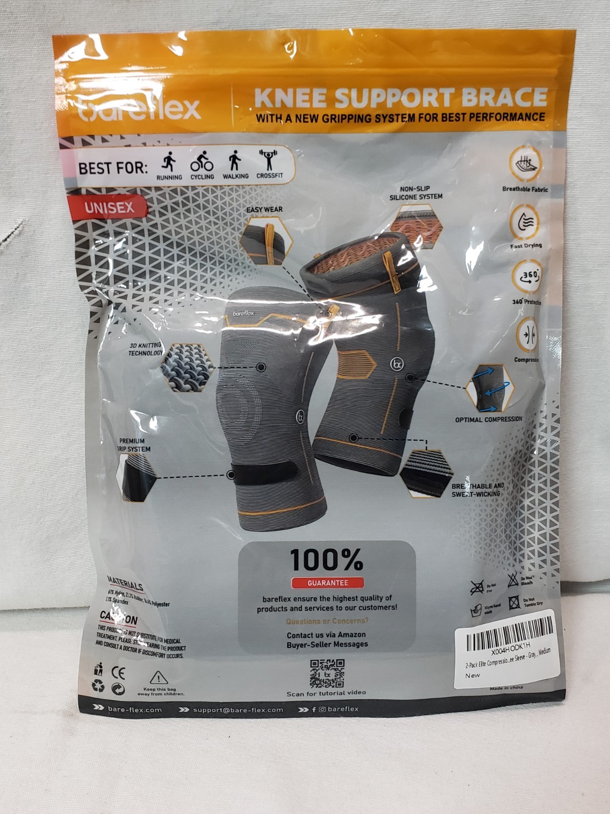 Bareflex Elite Compression Knee Brace Support Compression Sleeve, Gray, 1Pair, M