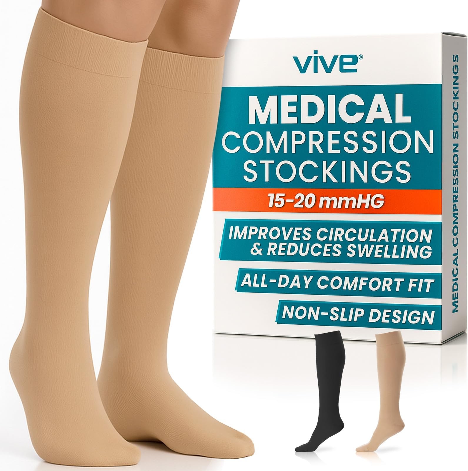 Vive Knee High Compression Socks for Women & Men – 15-20mmHg Medical Support …