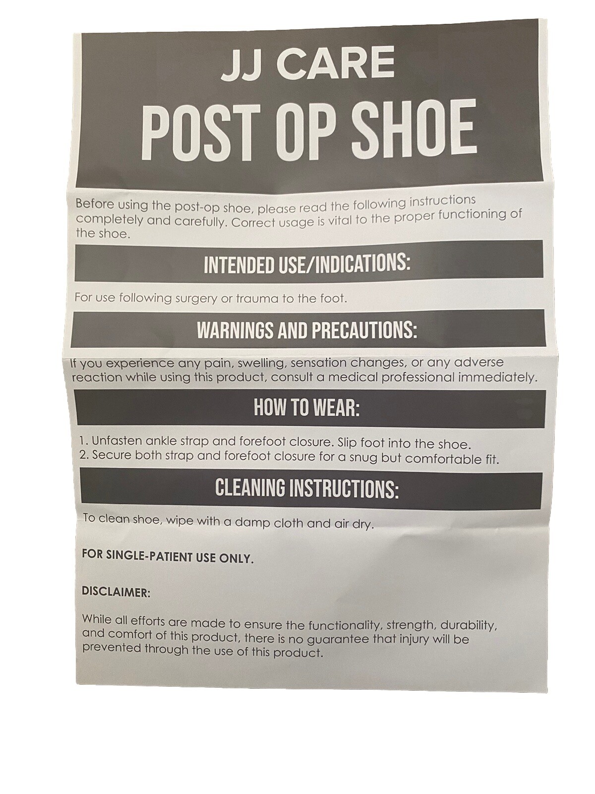 Post Op Shoe JJ CARE NEW Sz L Square Toe Lightweight Right/Left Black
