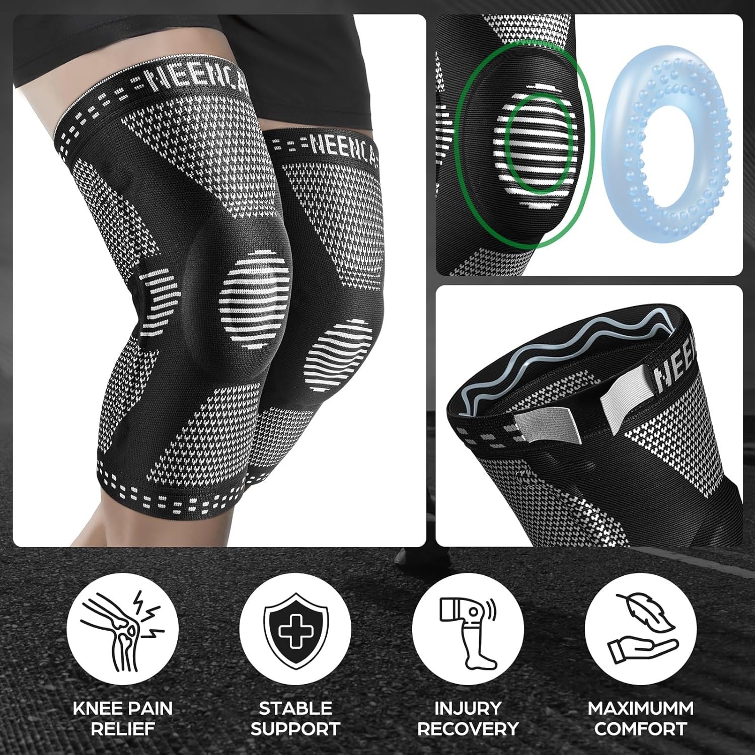 Knee Support Brace Compression Sleeve with Patella Pad Stabilizers for Pain