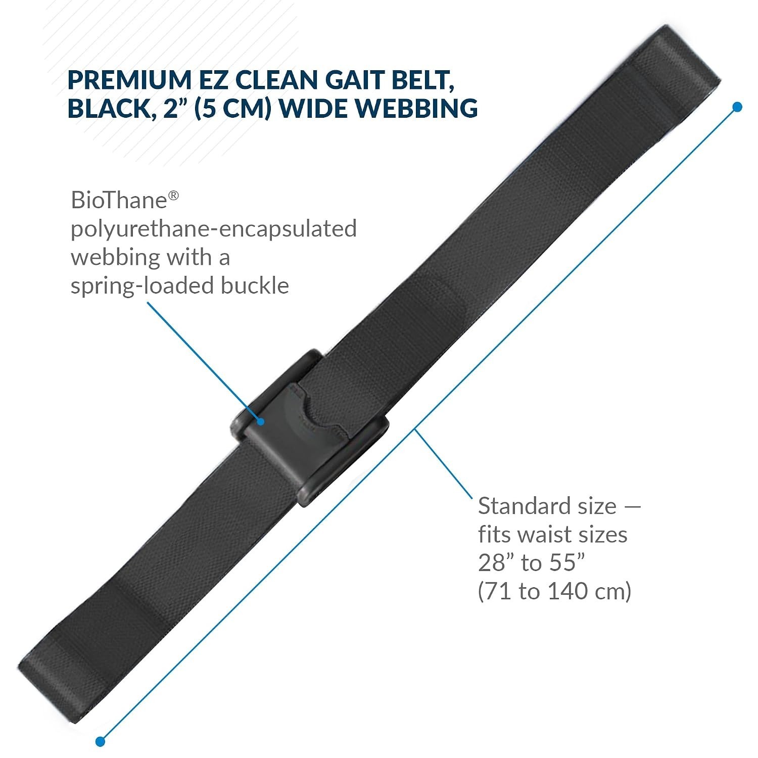 EZ Clean Gait Belt with Spring-Loaded Buckle – Black, 60” – Walking Belt – Qt…