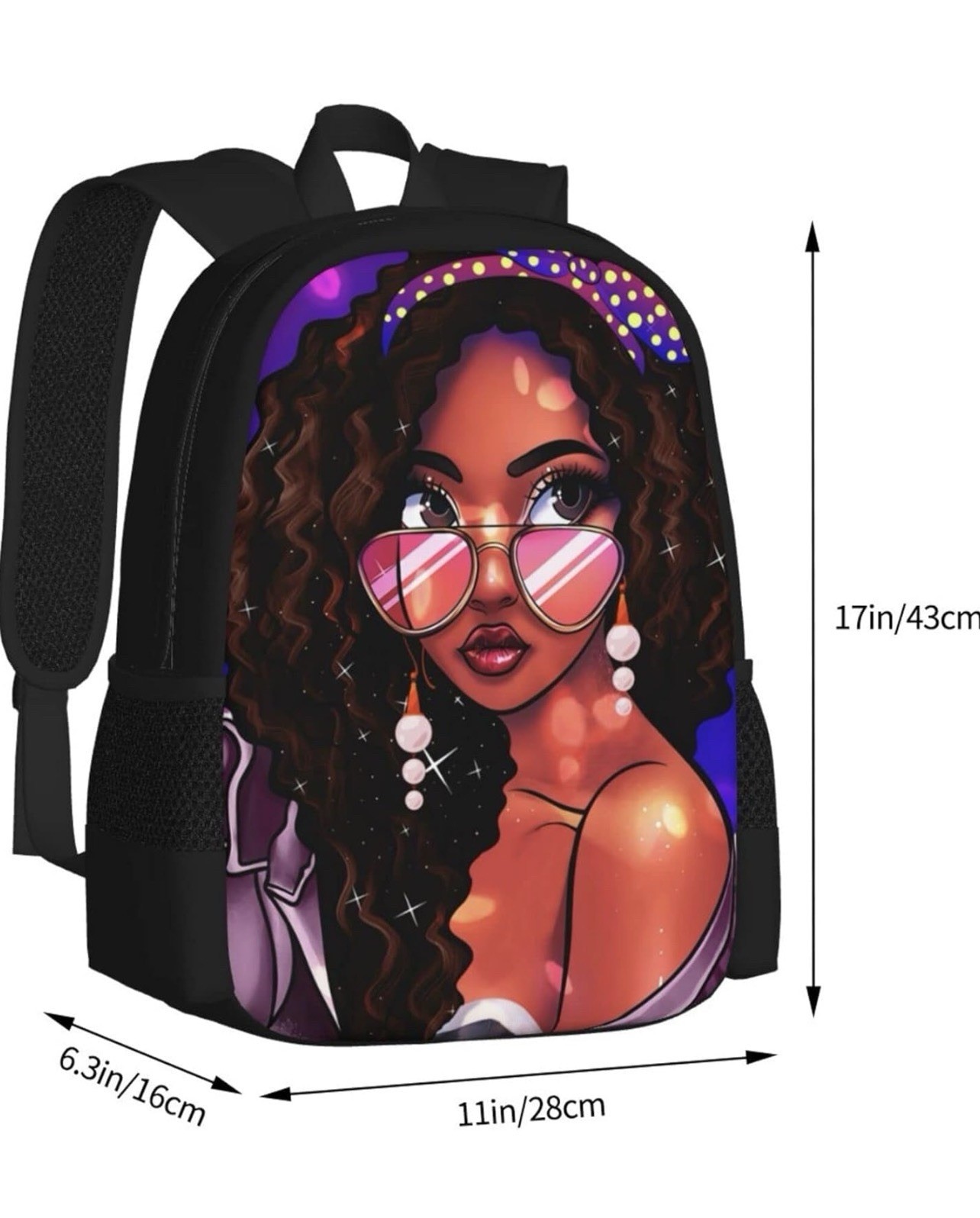 Black Girl Curly Hair Backpack Pink Sunglasses School Laptop Book Bag