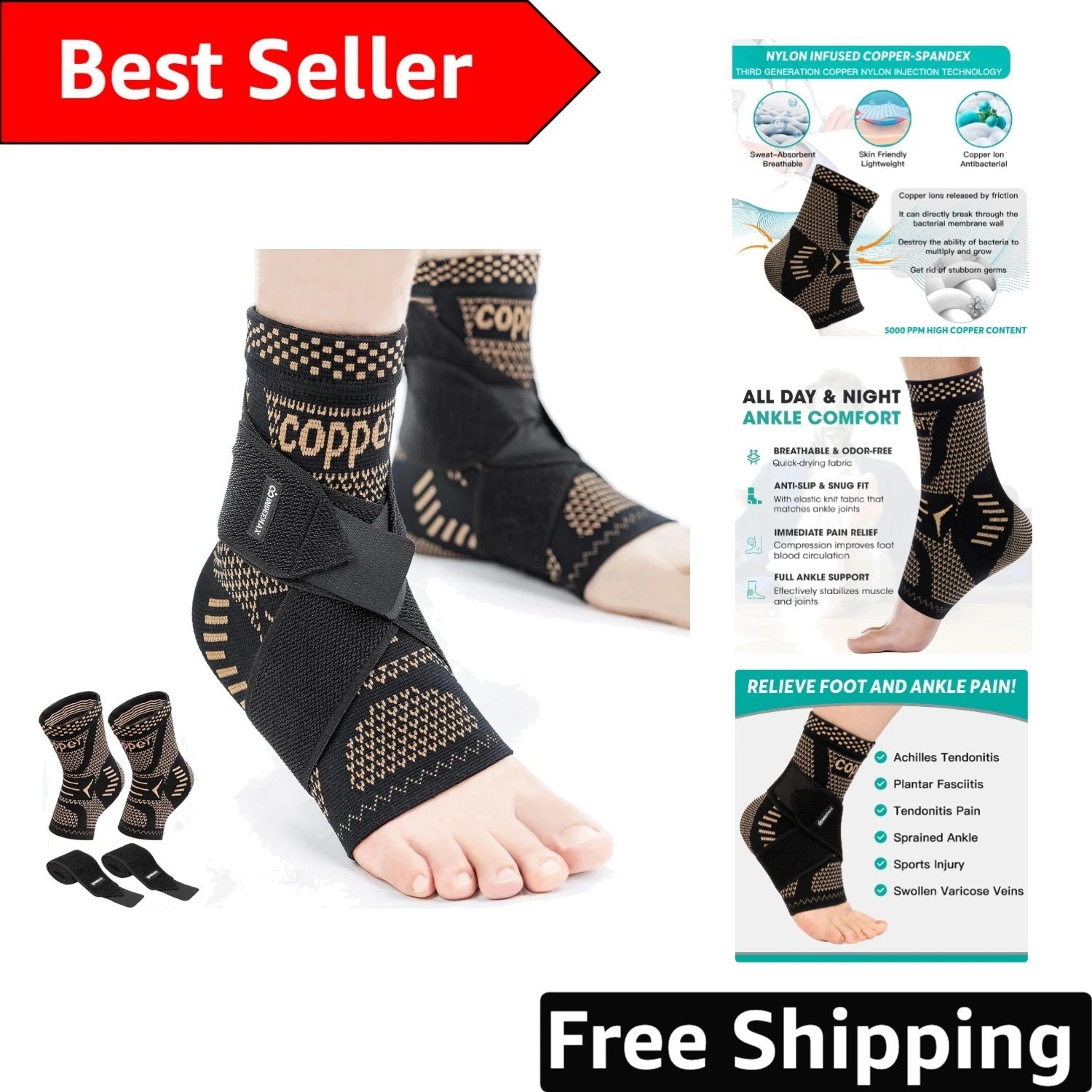 XL Copper-Infused Ankle Support Brace for Sprains & Plantar Fasciitis Relief