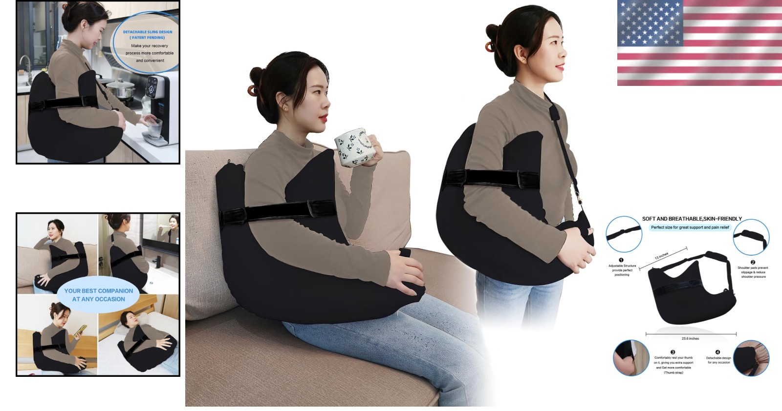 Ergonomic Shoulder Surgery Pillow with Detachable Sling – Pain Relief Black