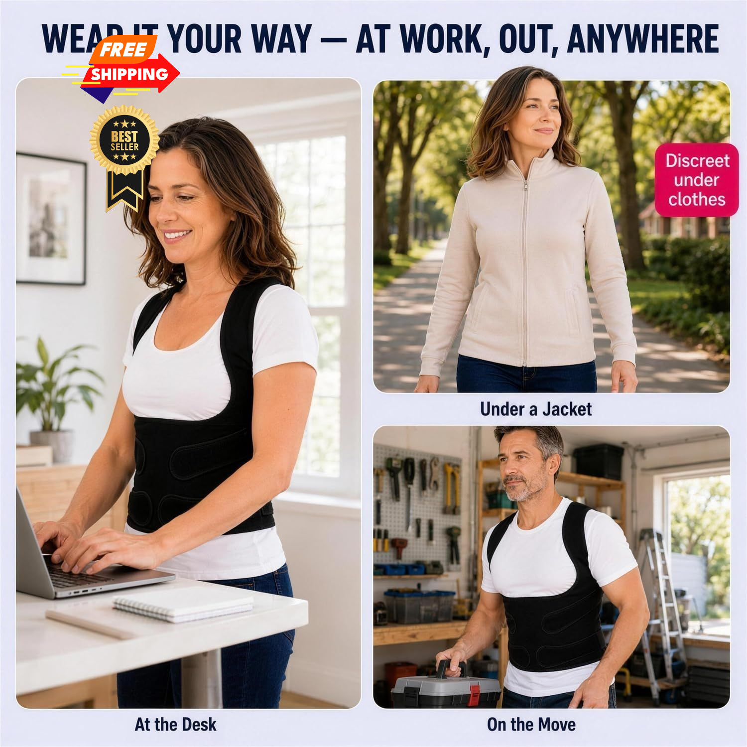 Fit Geno Back Brace Posture Corrector for Women and Men, X-Large, Black