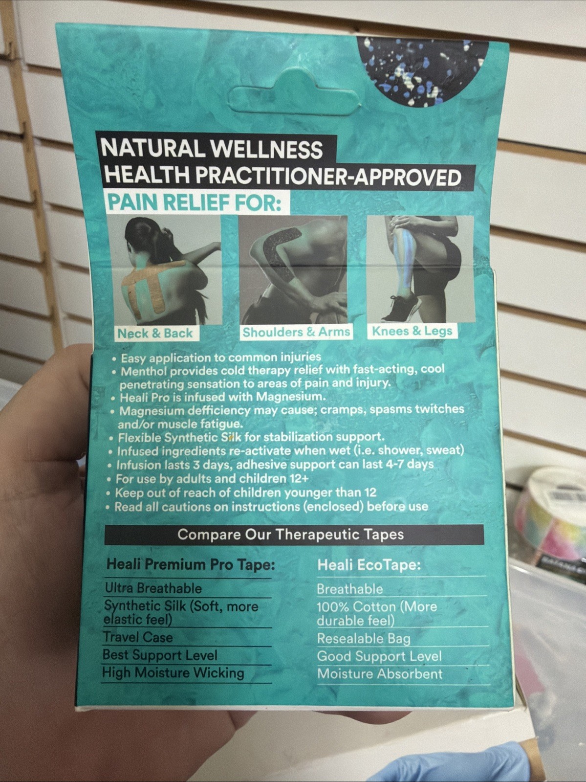 Heali Kinesiology Tape Infused Magnesium Menthol Blue Splatter Pre Cut Sealed