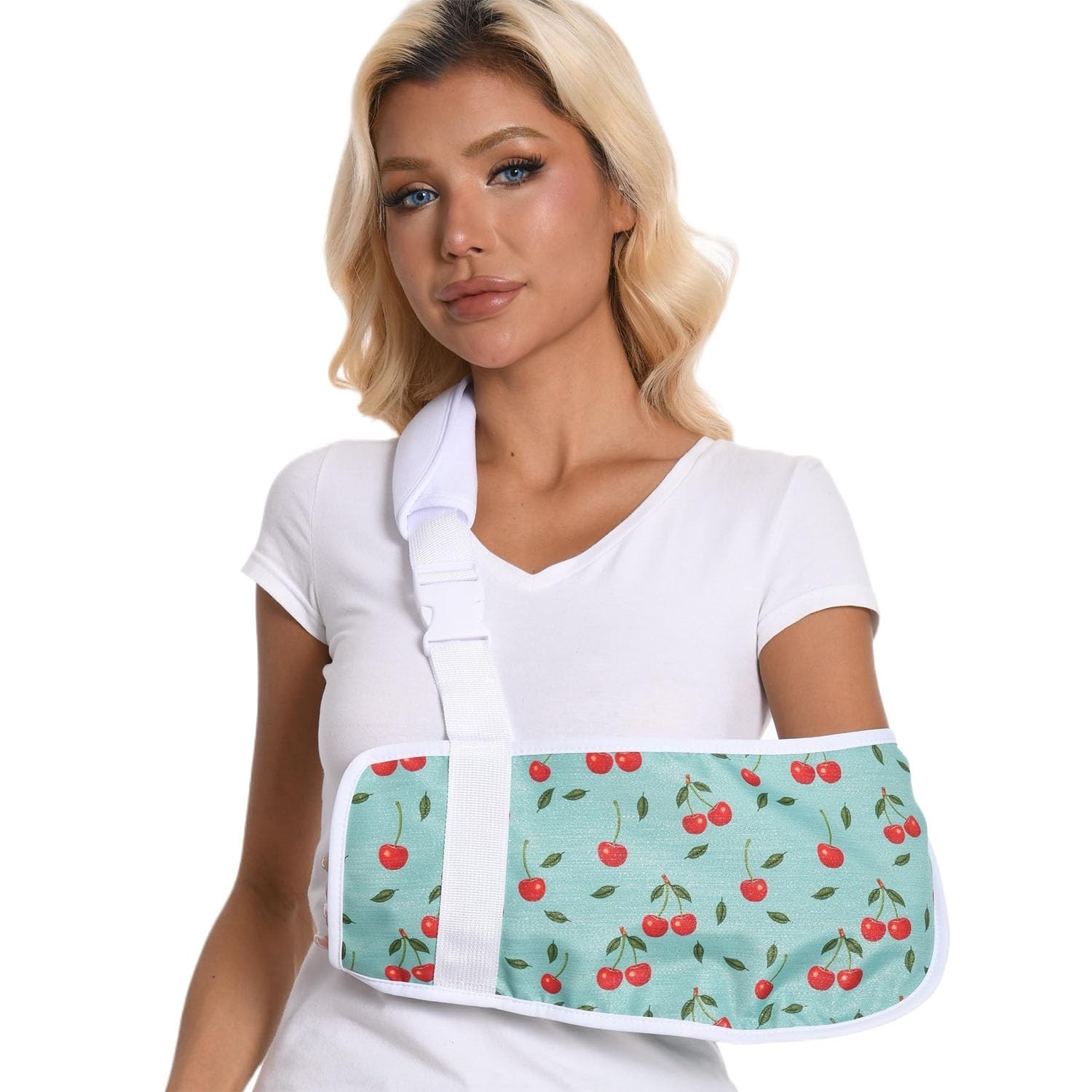 One Size Green Cherry Print Arm Sling Adjustable Breathable Broken Arm Brace