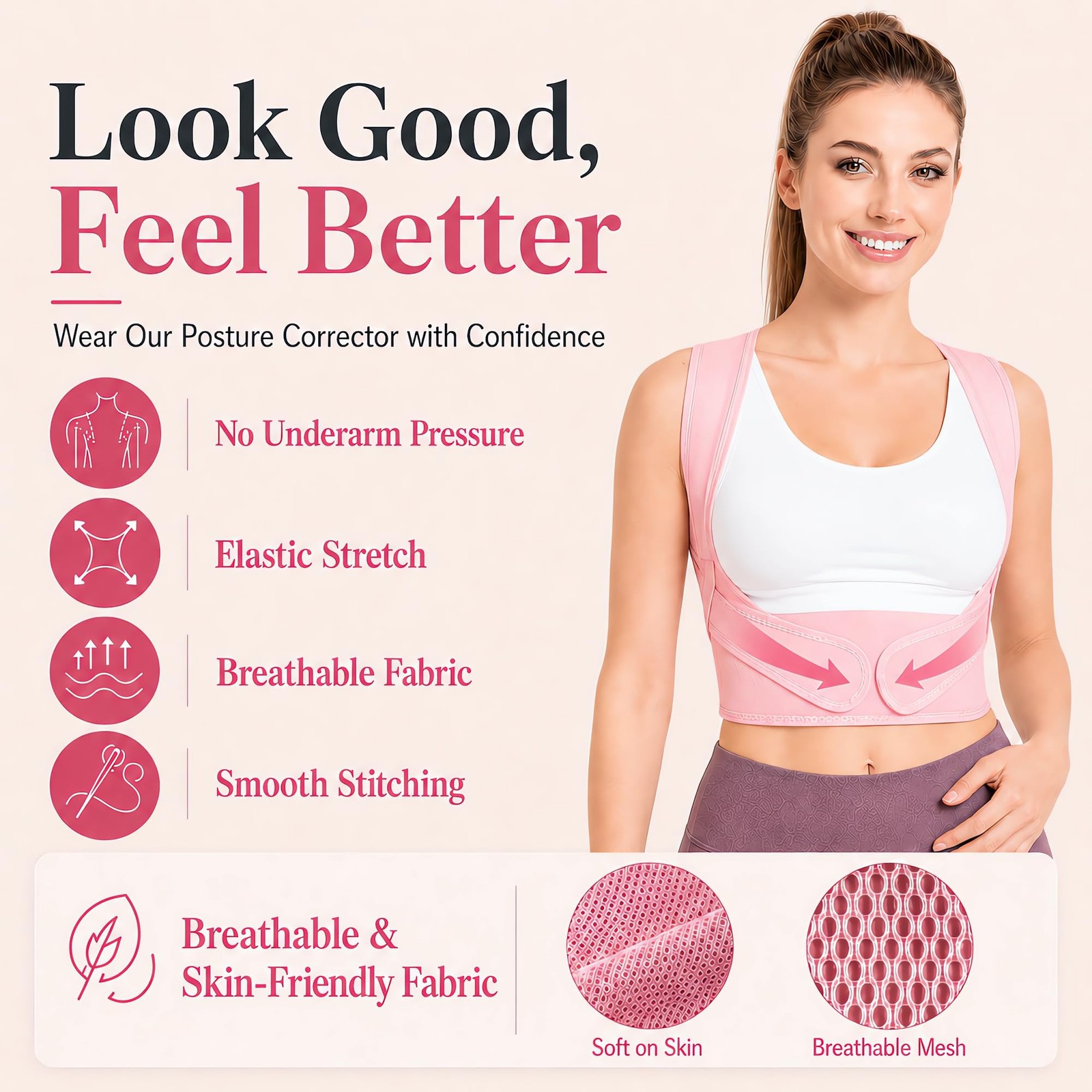 Lightweight Posture Corrector with Upper Back Brace for Women & Medium, Pink