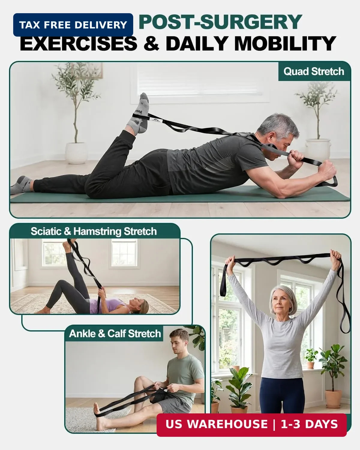 Stretching Strap with Loops Non Elastic Yoga Physical Therapy Rehab Exercise Ban