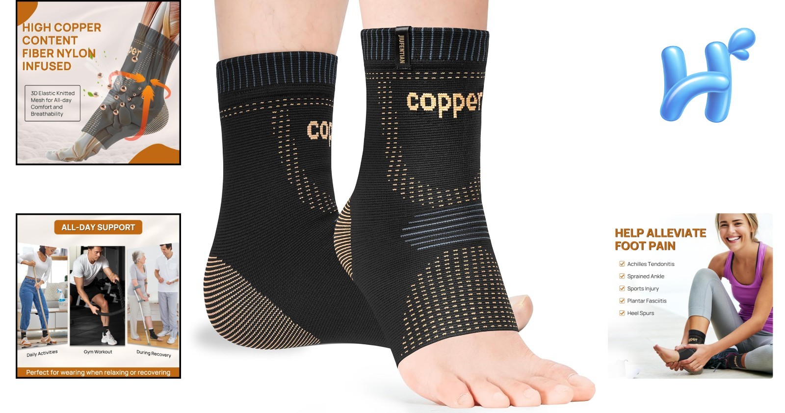 Copper Ankle Brace 2-Pack for Achilles Tendonitis – Breathable Pain Relief