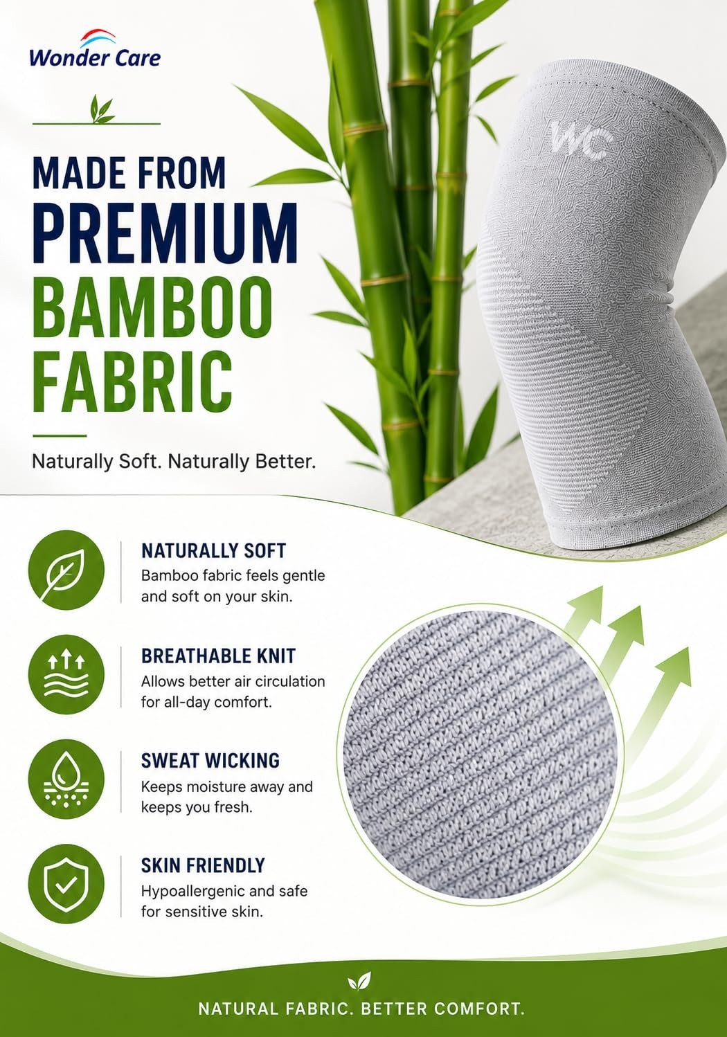 Bamboo Compression Knee Sleeves for Men & Women – Sports Support Pair M
