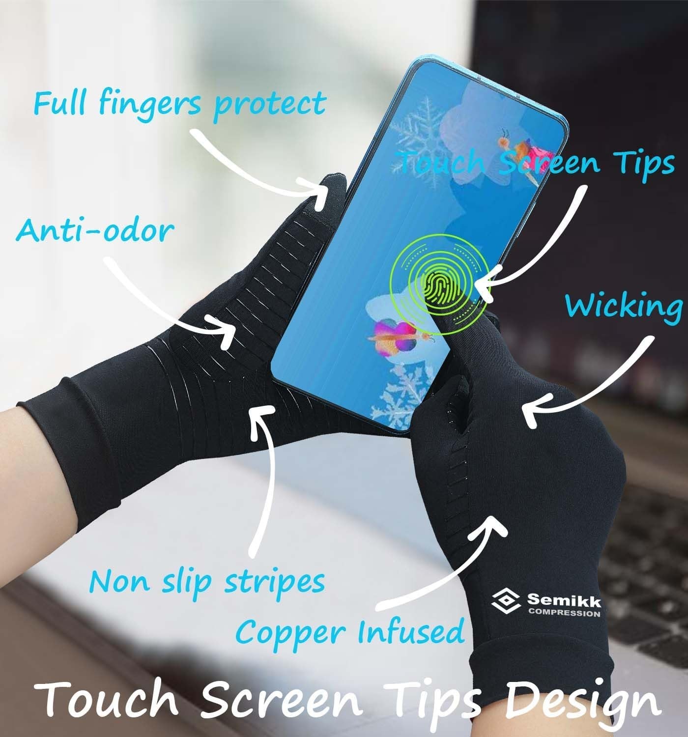 Large Compression Arthritis Gloves – Copper Touch Screen Full Finger Support
