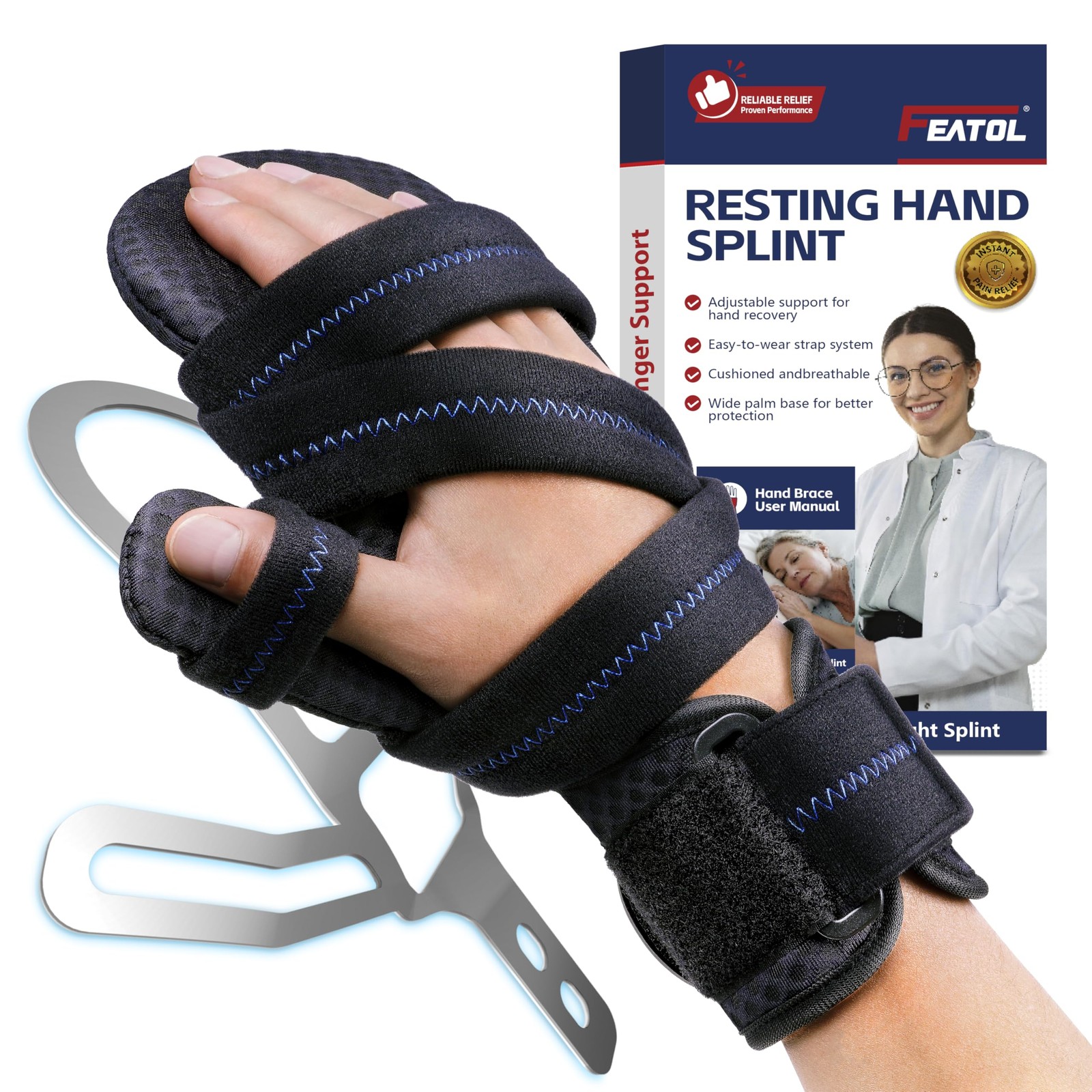FEATOL Resting Hand Splint with Thumb Support for Men and Small/Medium, Black