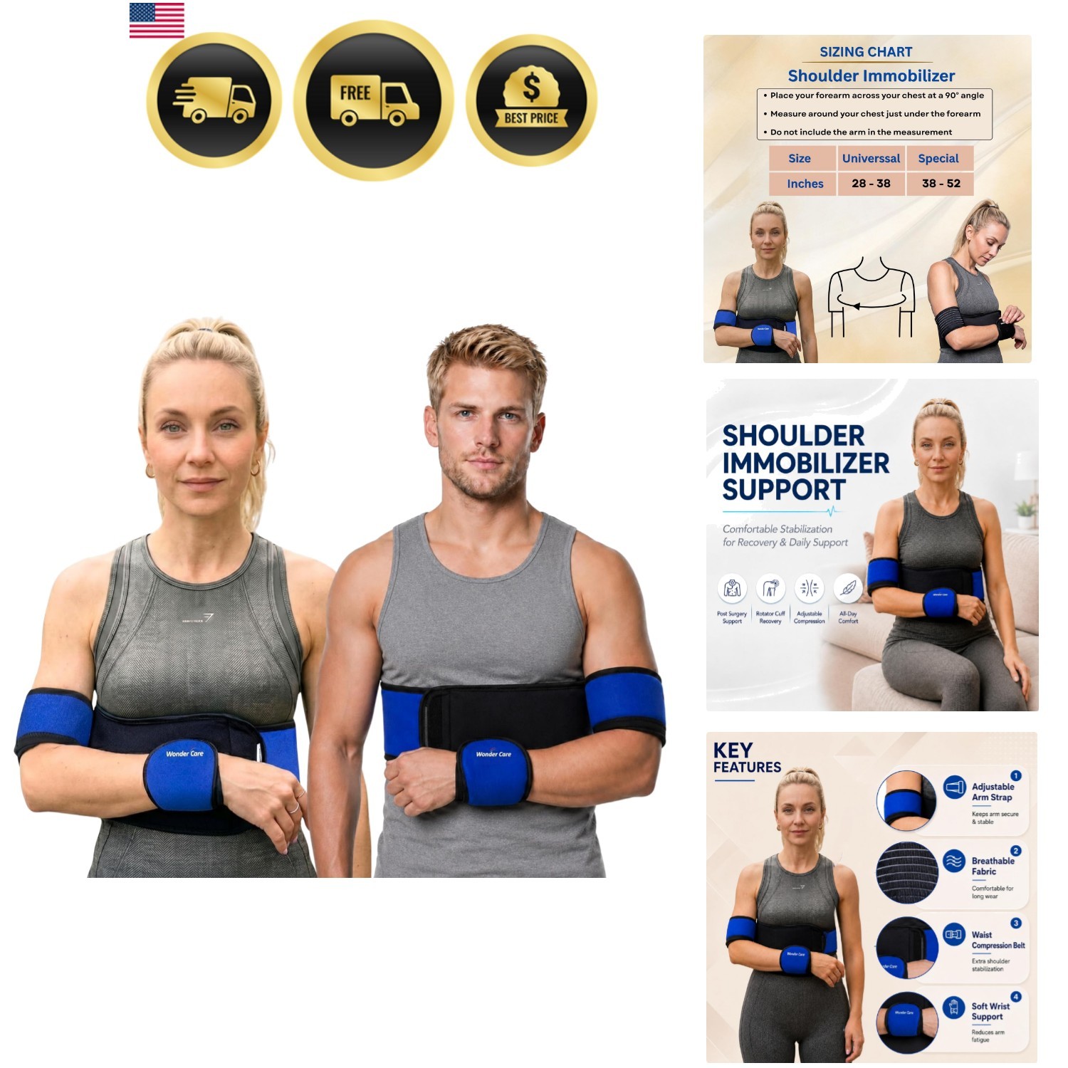 Shoulder Immobilizer Arm Sling Elastic Brace for Clavicle Collar Bone Disloca…
