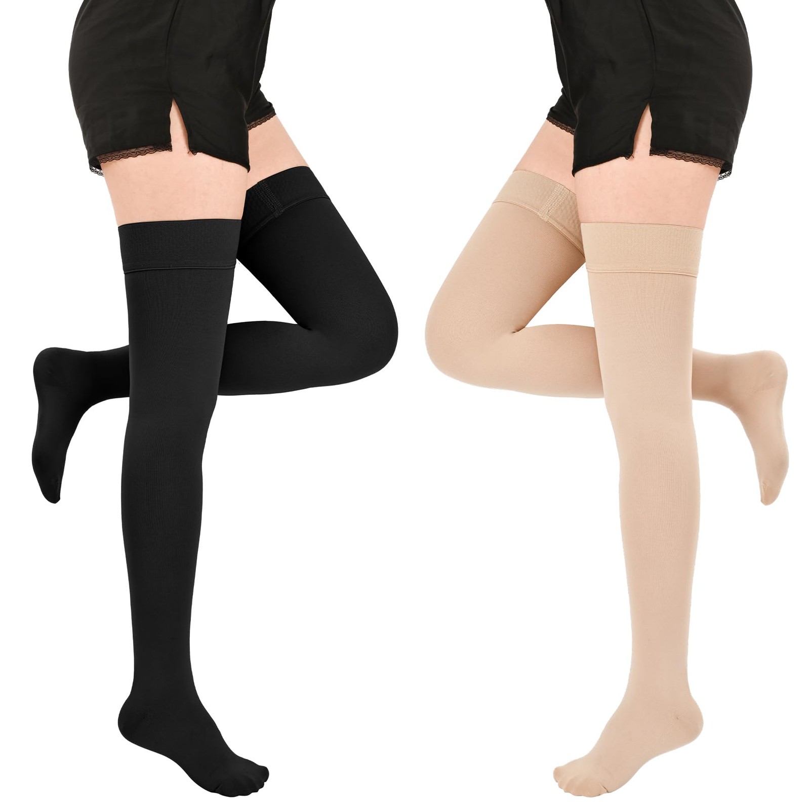 Wegitcs 20-30 mmHg Thigh High Compression Socks for Women & M, Beige*Black