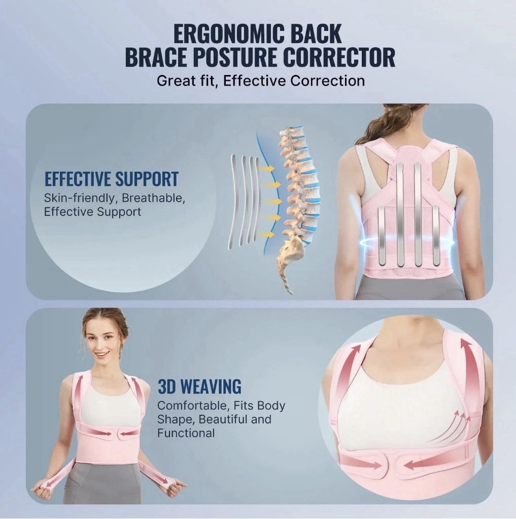 Pink Adjustable Ergonomic Posture Corrector Back Brace Size L Breathable Support