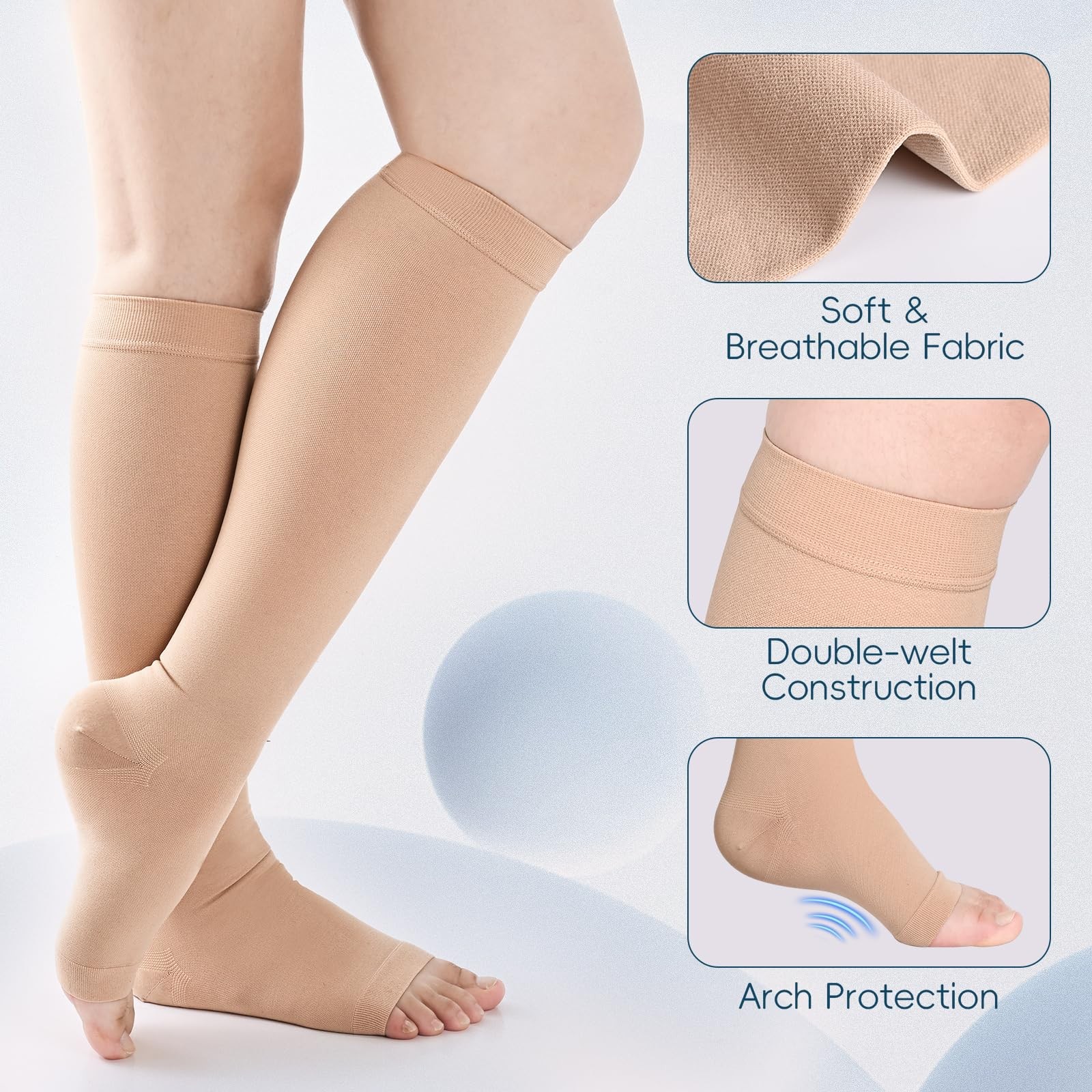 Wegitcs 2 Pairs 20-30mmHg Knee High Compression Socks for Women, Large, Beige