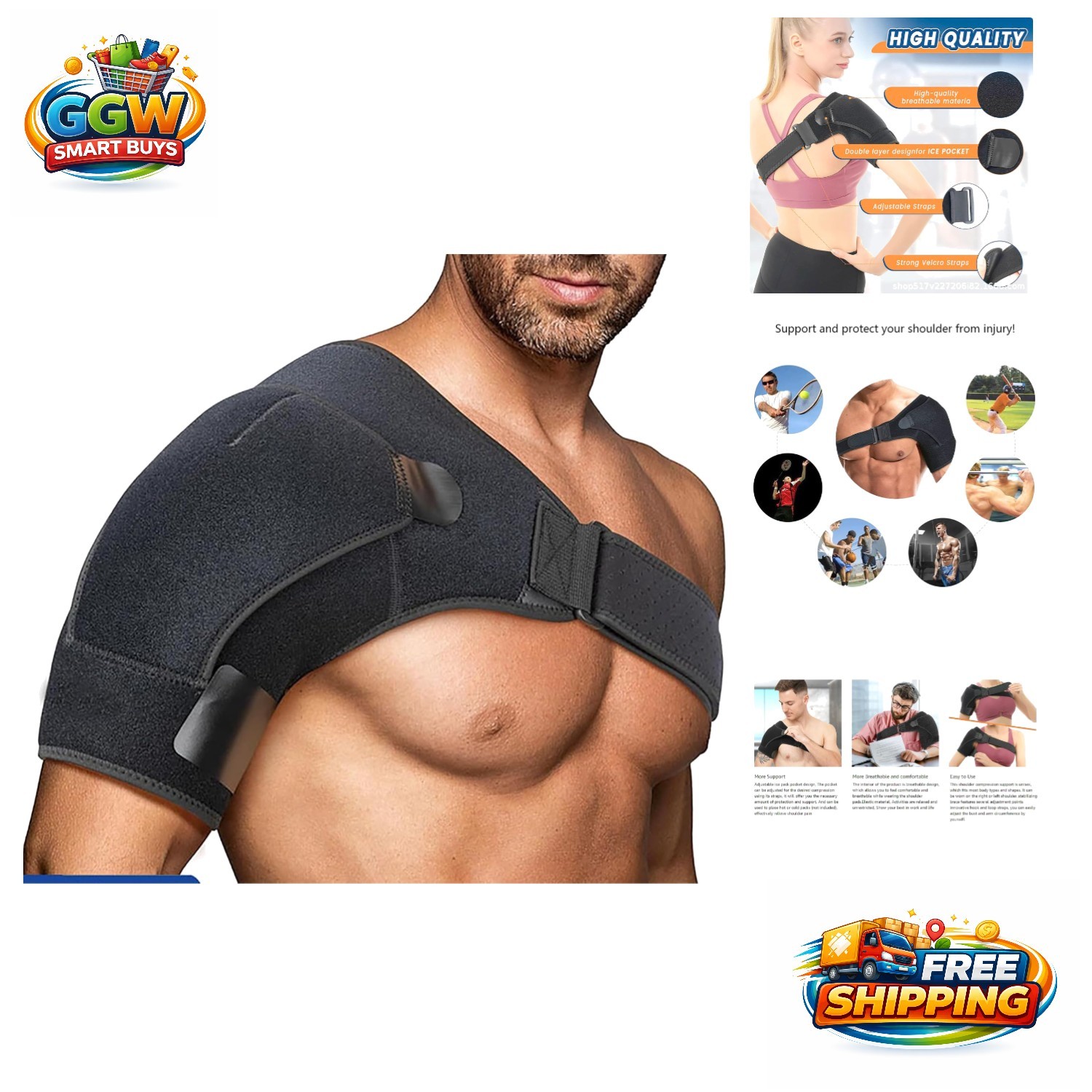 Comfortable Adjustable Shoulder Support Black L for Men and Women – Pain Relief