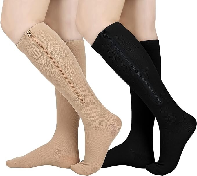 Zipper Compression Socks Calf &Ankle Support Stocking 15-20 S,M,L BLACK/BEIGE