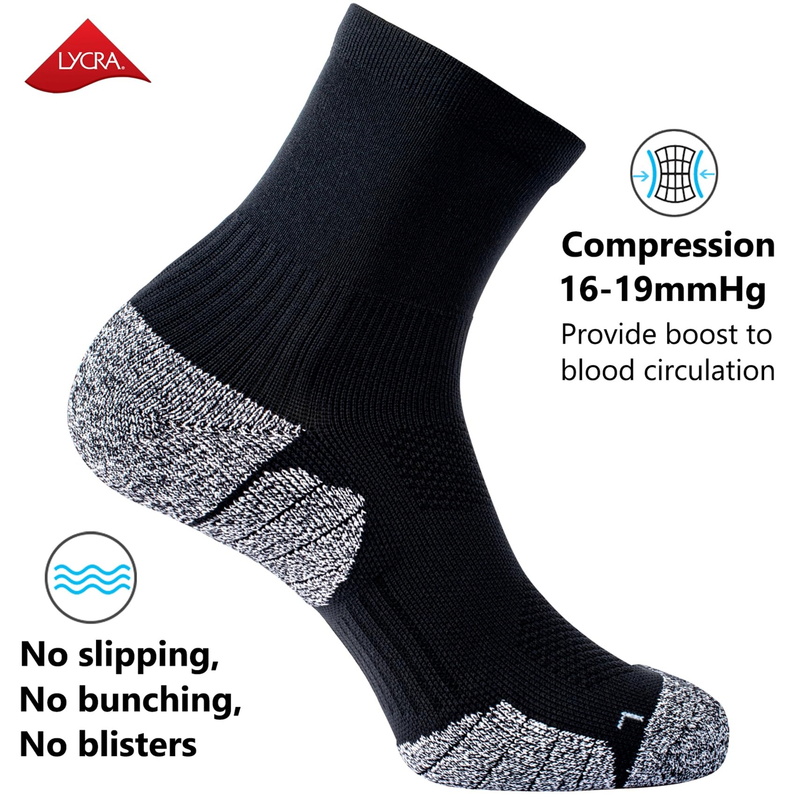 Compression Athletic Unisex Quarter Socks Cushioned 4-Pairs Black M