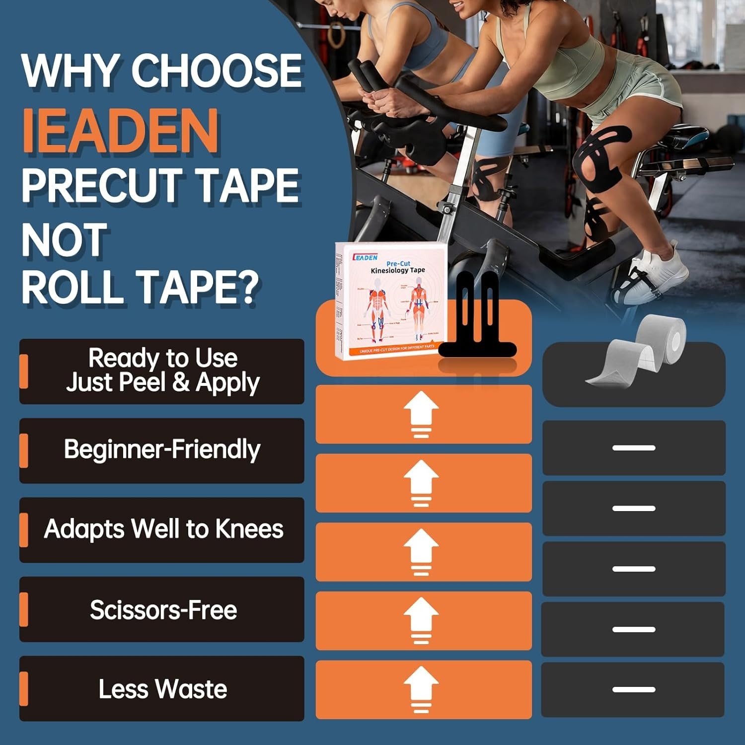 Precut Black Kinesiology Tape for Knees, 10 Pcs, Waterproof & Breathable
