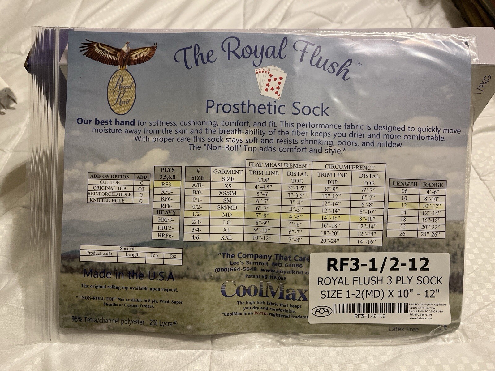 NEW The Royal Flush Prosthetic Sock CoolMax Size 1-2 (Medium) 10″-12″