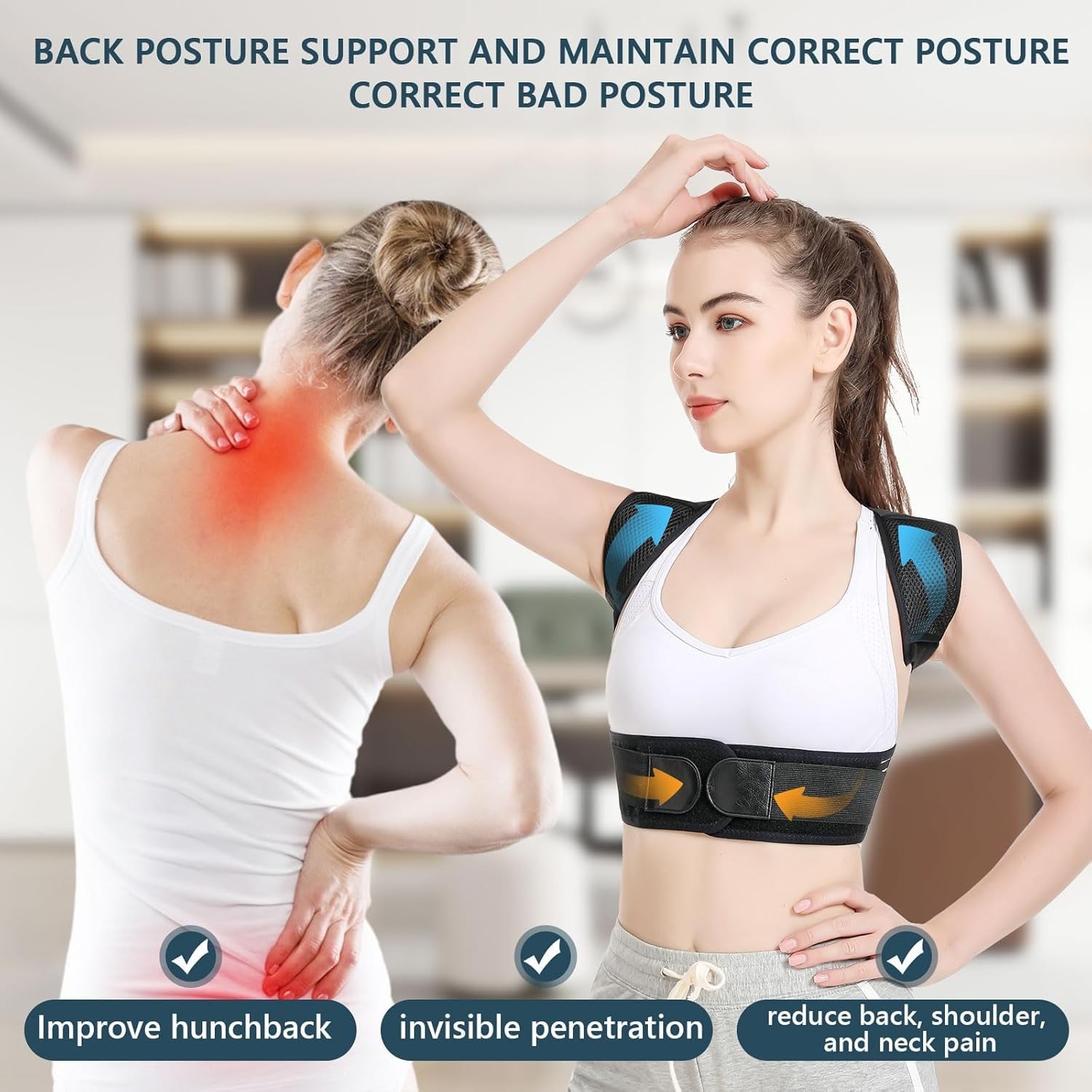 Herokoo Back Brace Posture Corrector, Adjustable Brace, M, Black