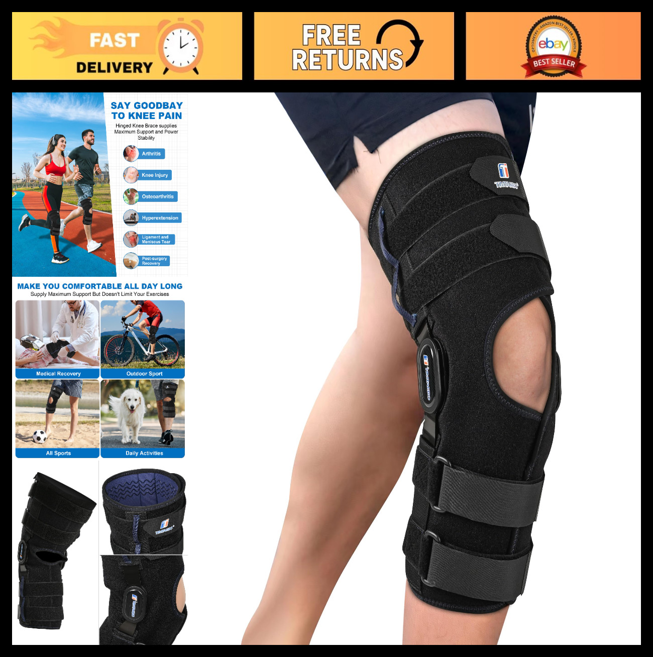 16″ Tall Hinged Knee Brace with Stabilizers & Compression Straps for ACL, MCL, P