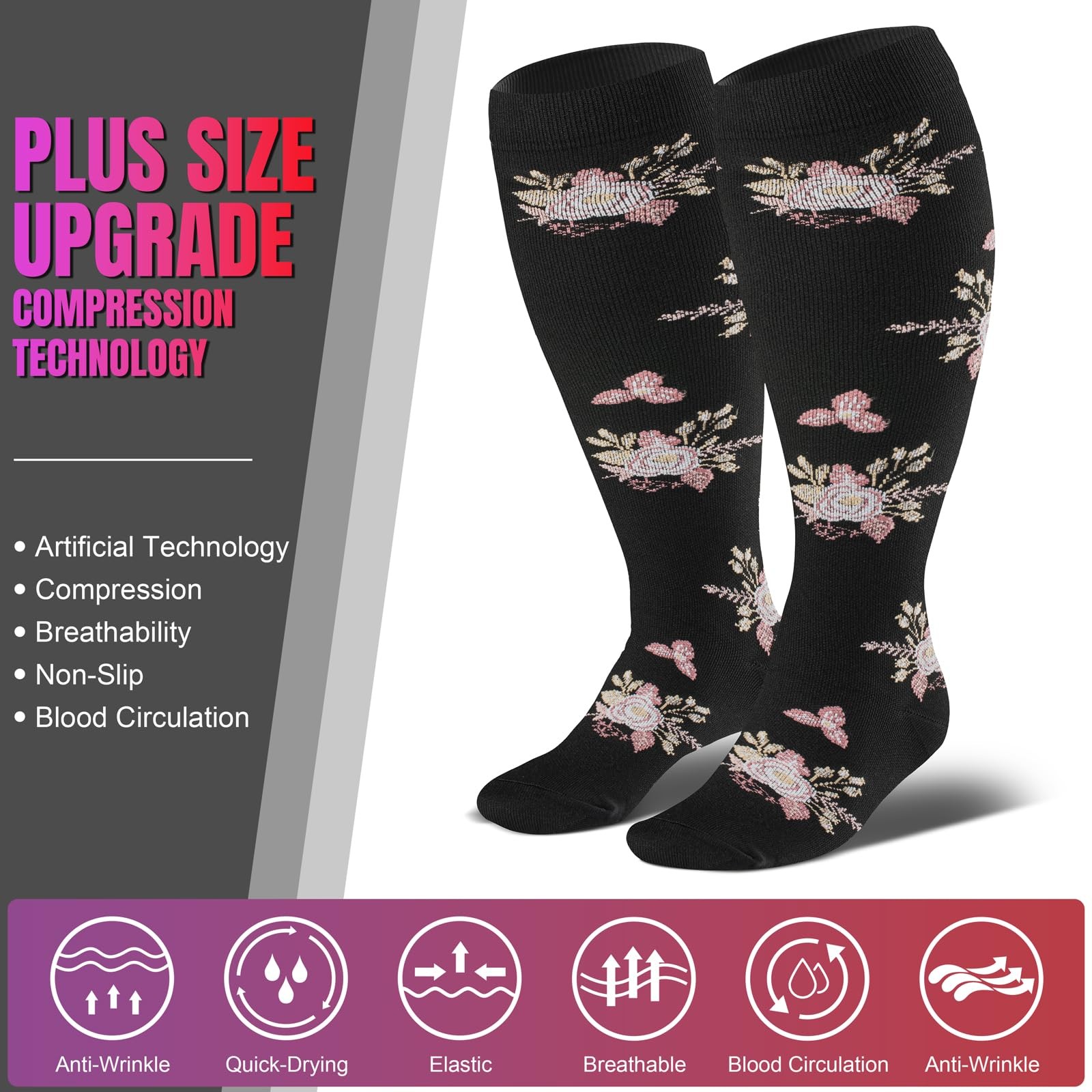 Bropite 3/4 Pairs Plus Size Compression Socks Women & Men 20-30 mmhg-Extra Wide