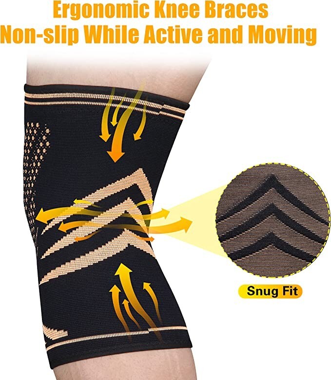 2 Pack Copper Knee Braces Knee Compression Sleeves for Knee Pain, Injury Recove