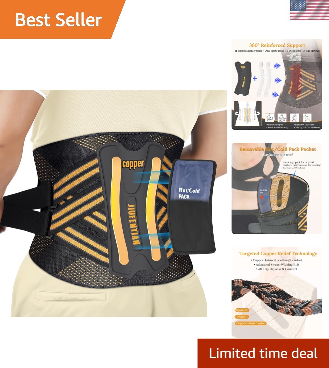 Copper Lower Back Brace – Removable Spine Rods & Therapy Pocket for Pain Relief