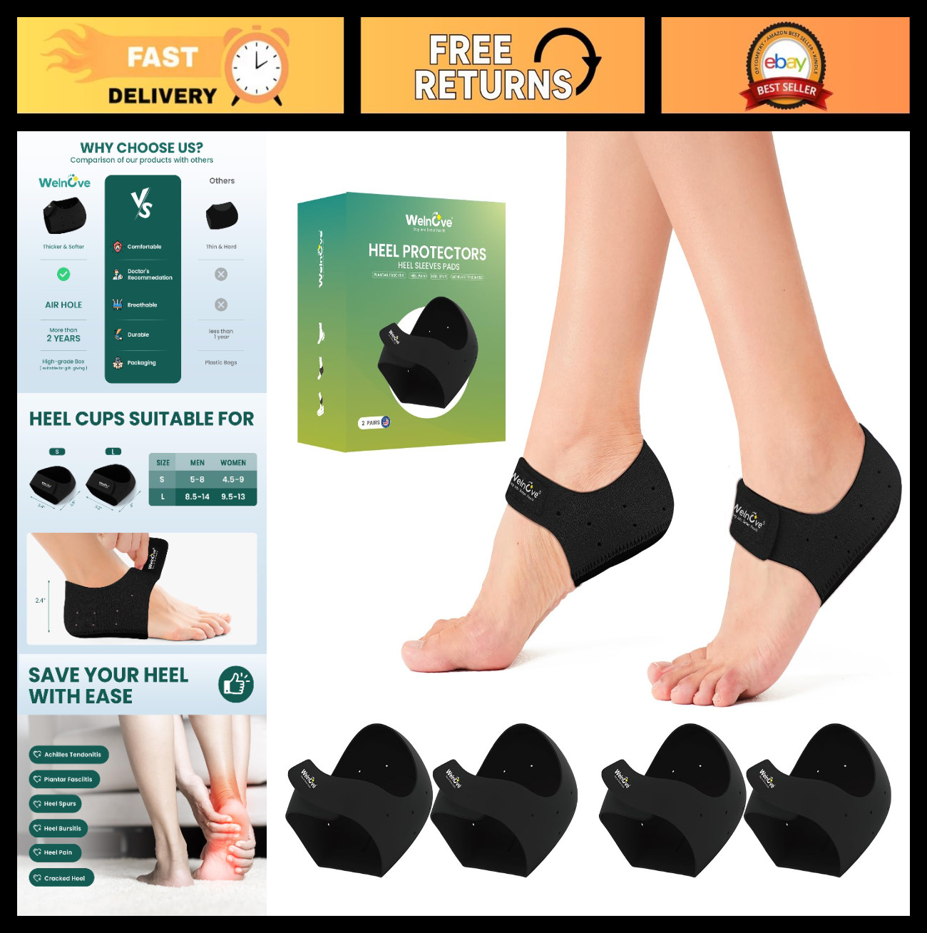 Plantar Fasciitis Gel Heel Protectors – 2 Pairs Cushioned Inserts for Pain Relie