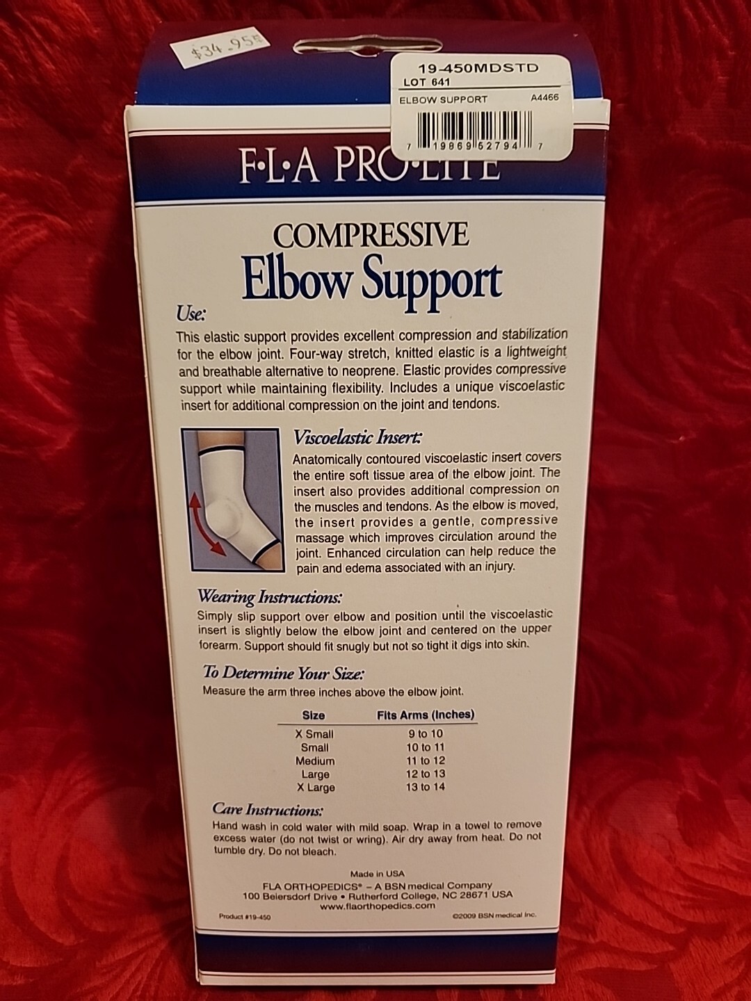 FLA PRO LITE Compressive Elbow Support W/Viscoelastic Insert Medium New In Box